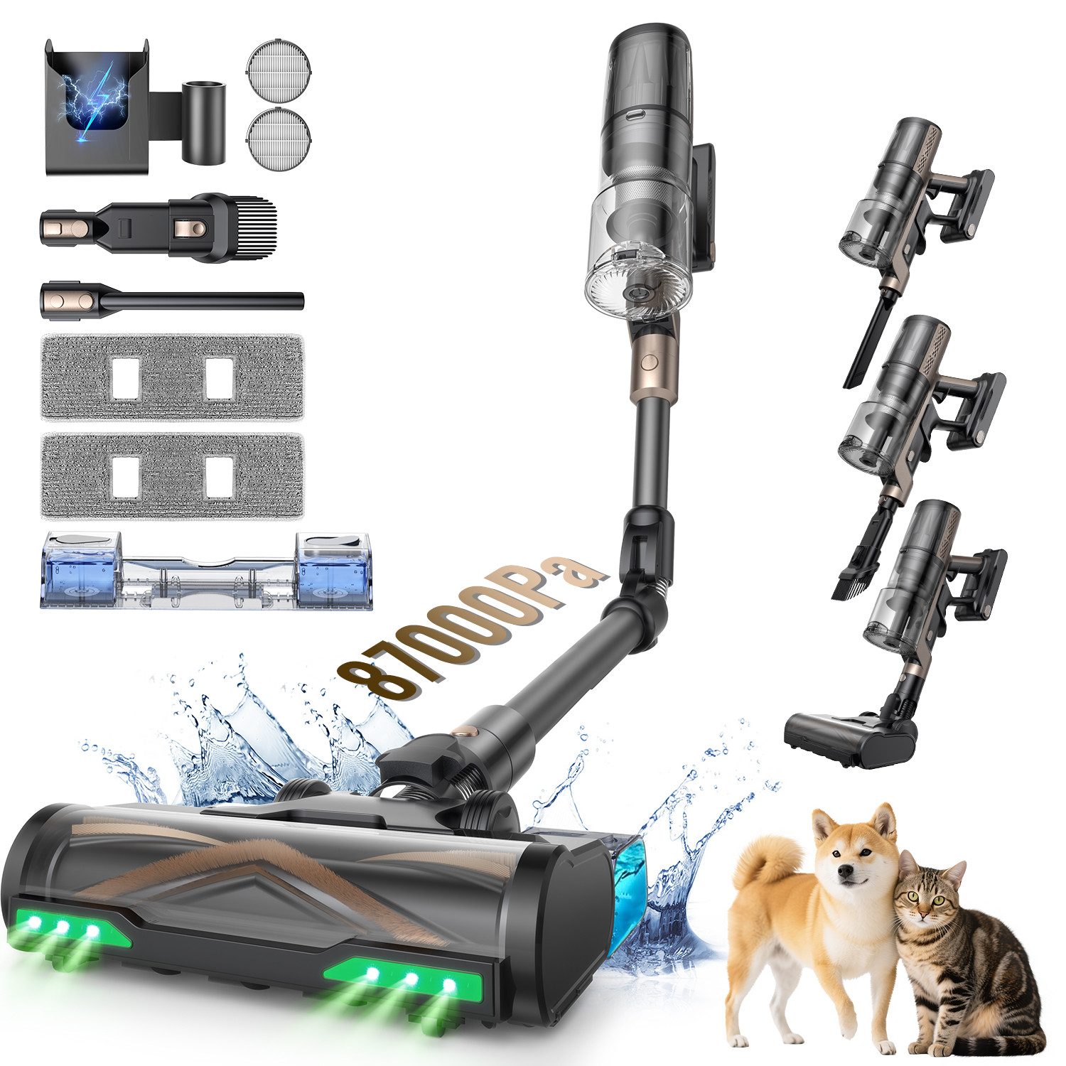 Proscenic Akku-Hand-und Stielstaubsauger kabellos, All in 1,87000PA/680W/70Min, Teppicherkennung, 680 W, beutellos, Teppicherkennung Klappstange, zur Reinigung unter niedrigen Möbeln