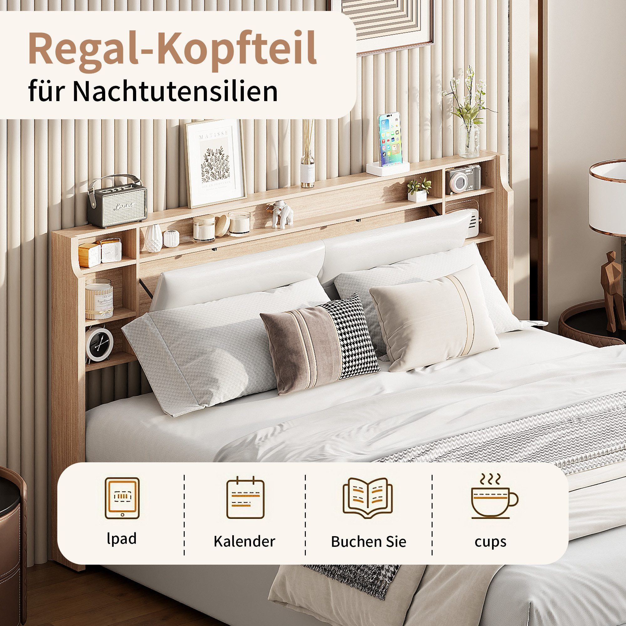 Gdood Polsterbett Doppelbett LED Stauraumbett (Zwei Größen erhältlich), Mit LED-Beleuchtung, Bettkasten, Nachttisch, PU