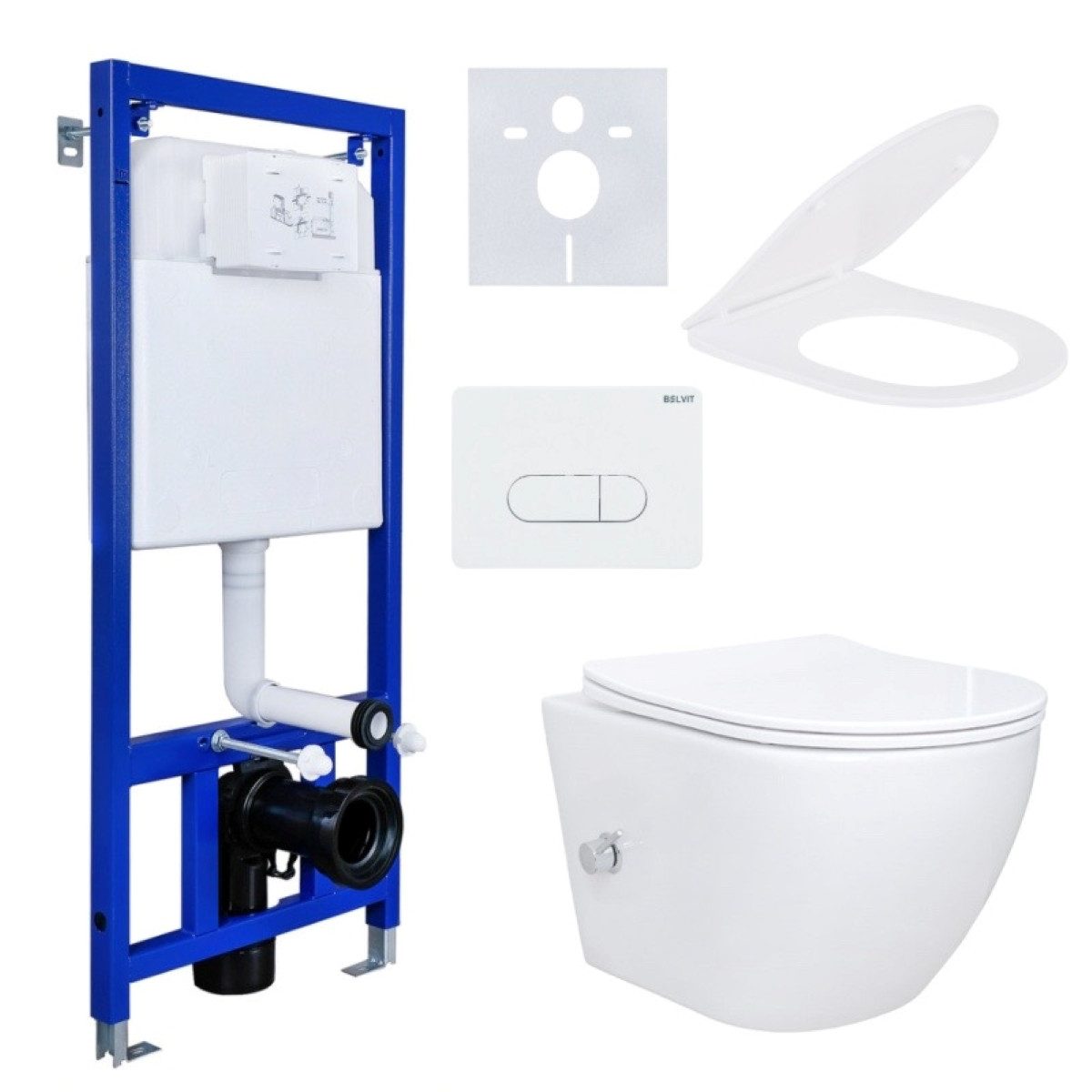 Belvit WC-Komplettset mit Taharet / Bidet Funktion, verschiedene WCs in schwarz & weiß, (Spar-Set Soft‑Close WC‑Sitz & Vorwandelement), Betätigungsplatte, Unterputz-Spülkasten mit Zwei-Mengen-Technik 3/6L