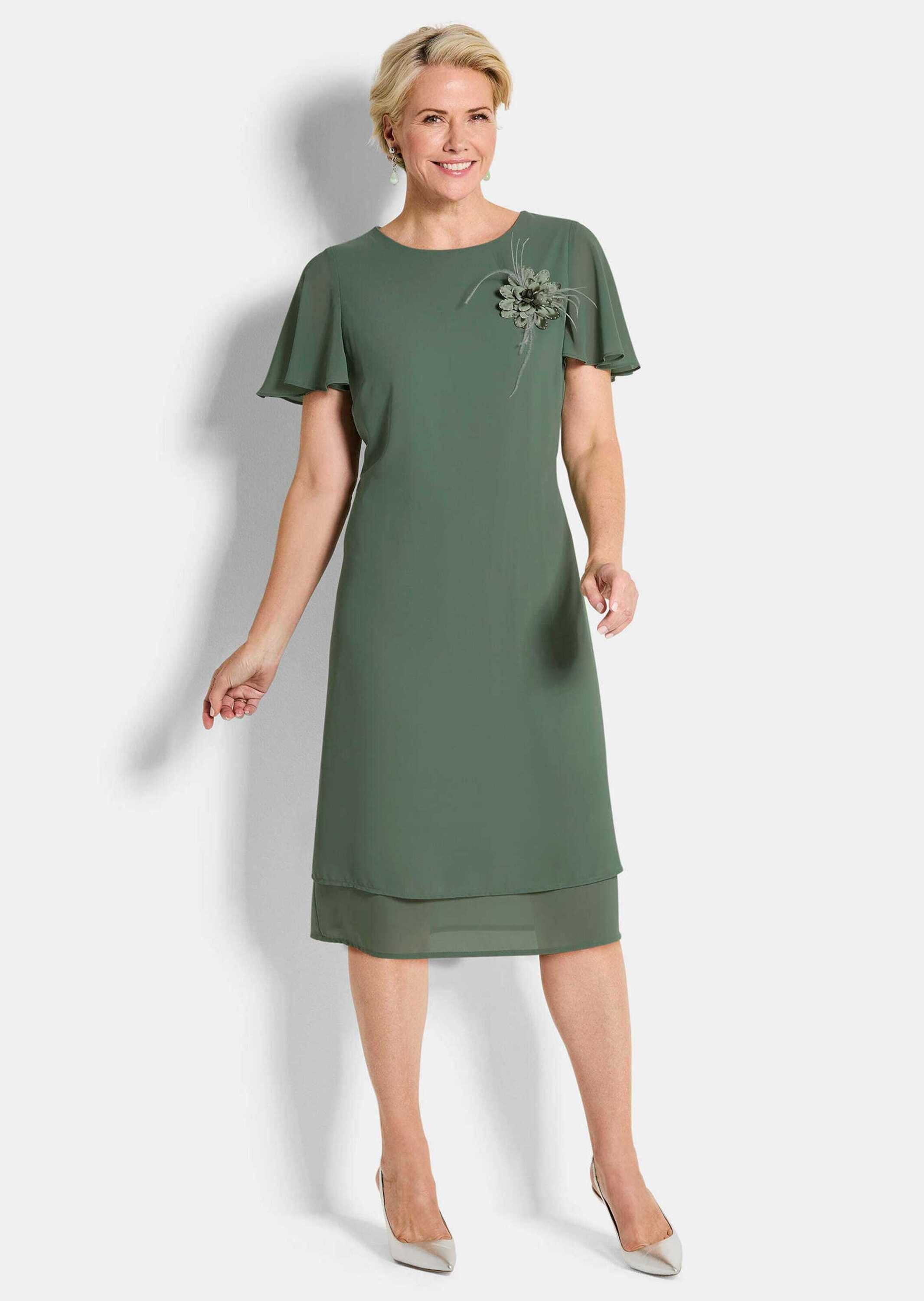 GOLDNER Sommerkleid Abendkleid mit abnehmbarer Brosche Eventkleid mit U-Boot-Ausschnitt, Knielänge und Viertelarm