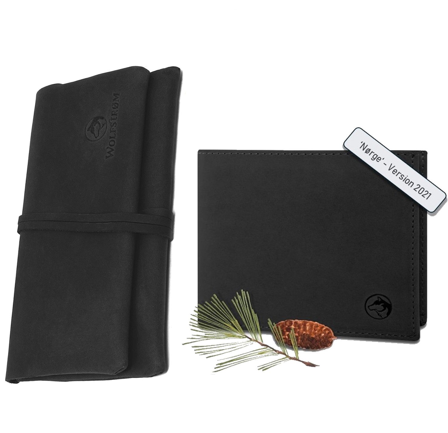 Wolfstrøm Tabakbeutel 'Bjørk' – Tabaktasche Leder – Dreher-Tasche mit Blättchen-/ Filterfach (Bjørk Set, HANDMADE in EUROPE, inkl. GIZEH Papers, inkl. Bänder (rot/orange), inkl. Geldbörse 'Nørge Classic'