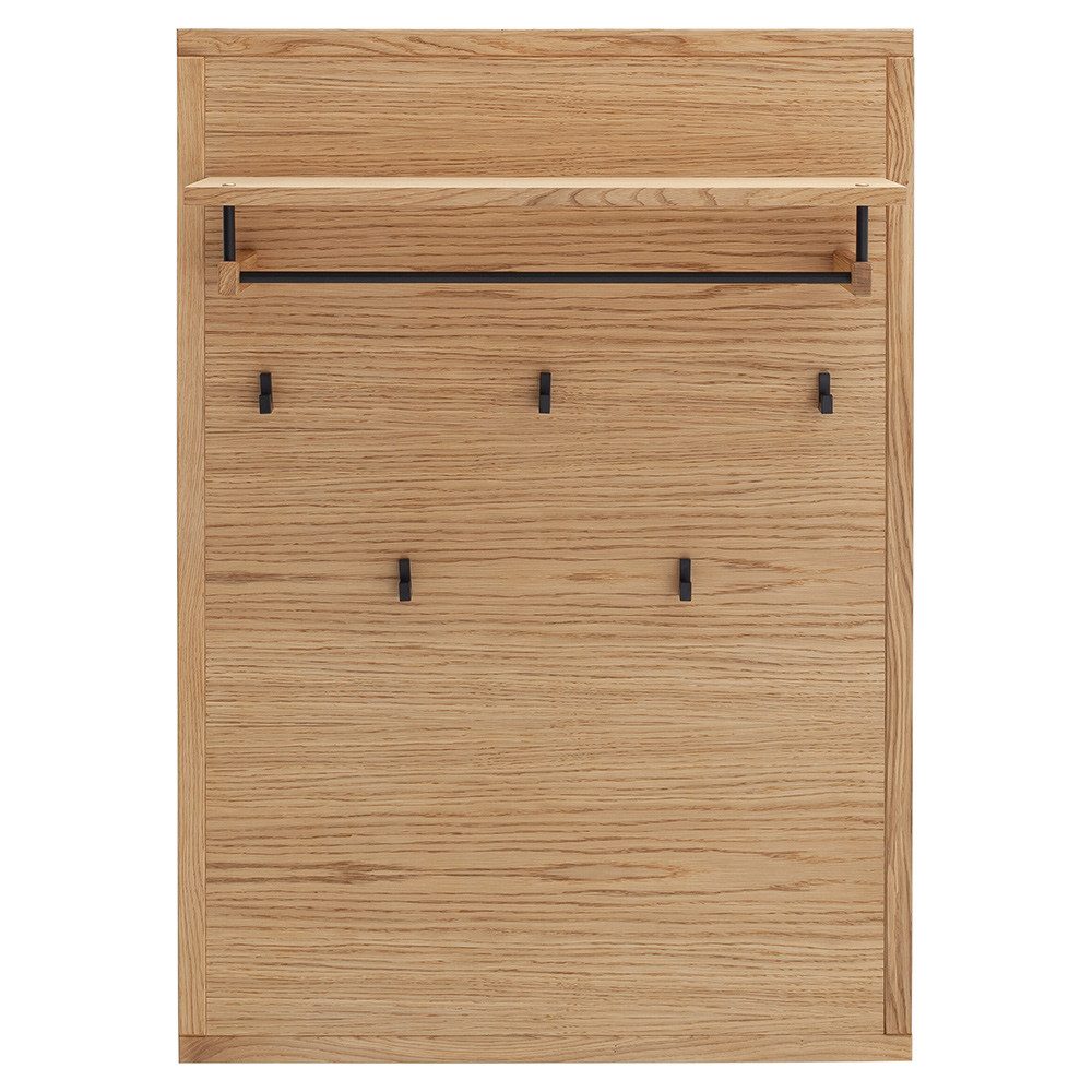 Lomadox Garderobenpaneel AVESTA-06, in Eiche, teilmassiv, grifflos mit schwarzen Haken und Kleiderstange