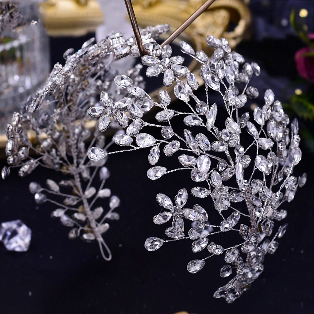 GLAMO Diadem Haar-Accessoire, Braut Hochzeit Tiara, Strass, handgefertigt Silber