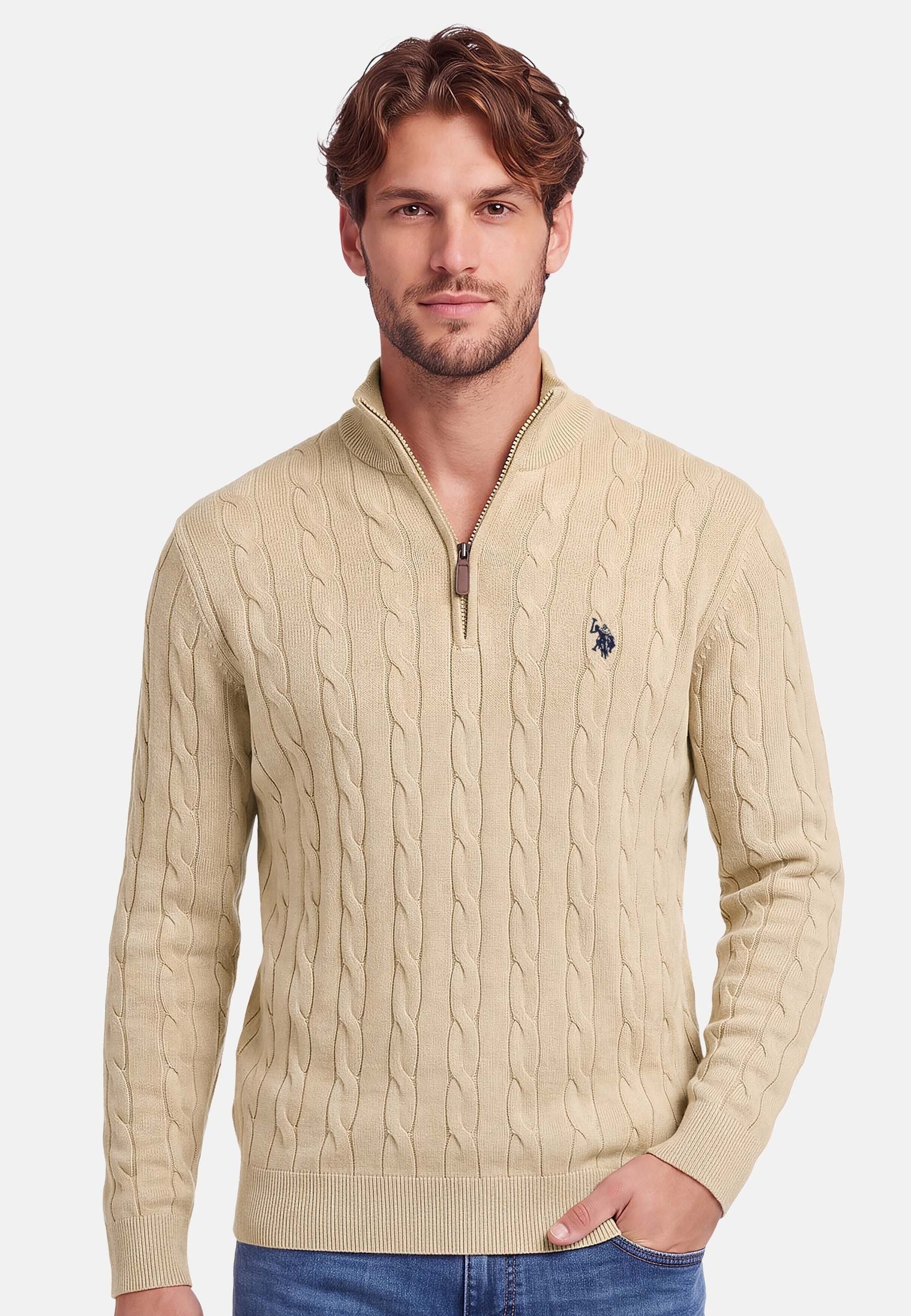 U.S. Polo Assn. Rundhalspullover Herren Halfzip Pullover mit Zopfmuster und Stehkragen 100% Baumwolle, weich, klassischer Zopfstrick-Look mit Half-Zip