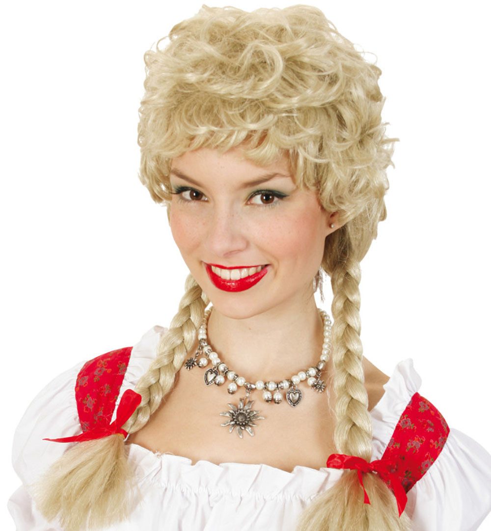 Fries Kostüm-Perücke Perücke Flotte Zenzi Blond mit 2 Zöpfen Bayern Dirndl Karneval, Flammhemmend