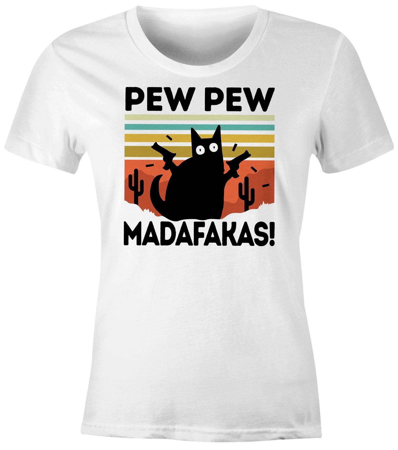 Damen Shirts MoonWorks Print-Shirt Damen T-Shirt Pew Pew Madafakas  schwarze Katze Spruch Meme Frauen Fun-Shirt lustig Moonworks