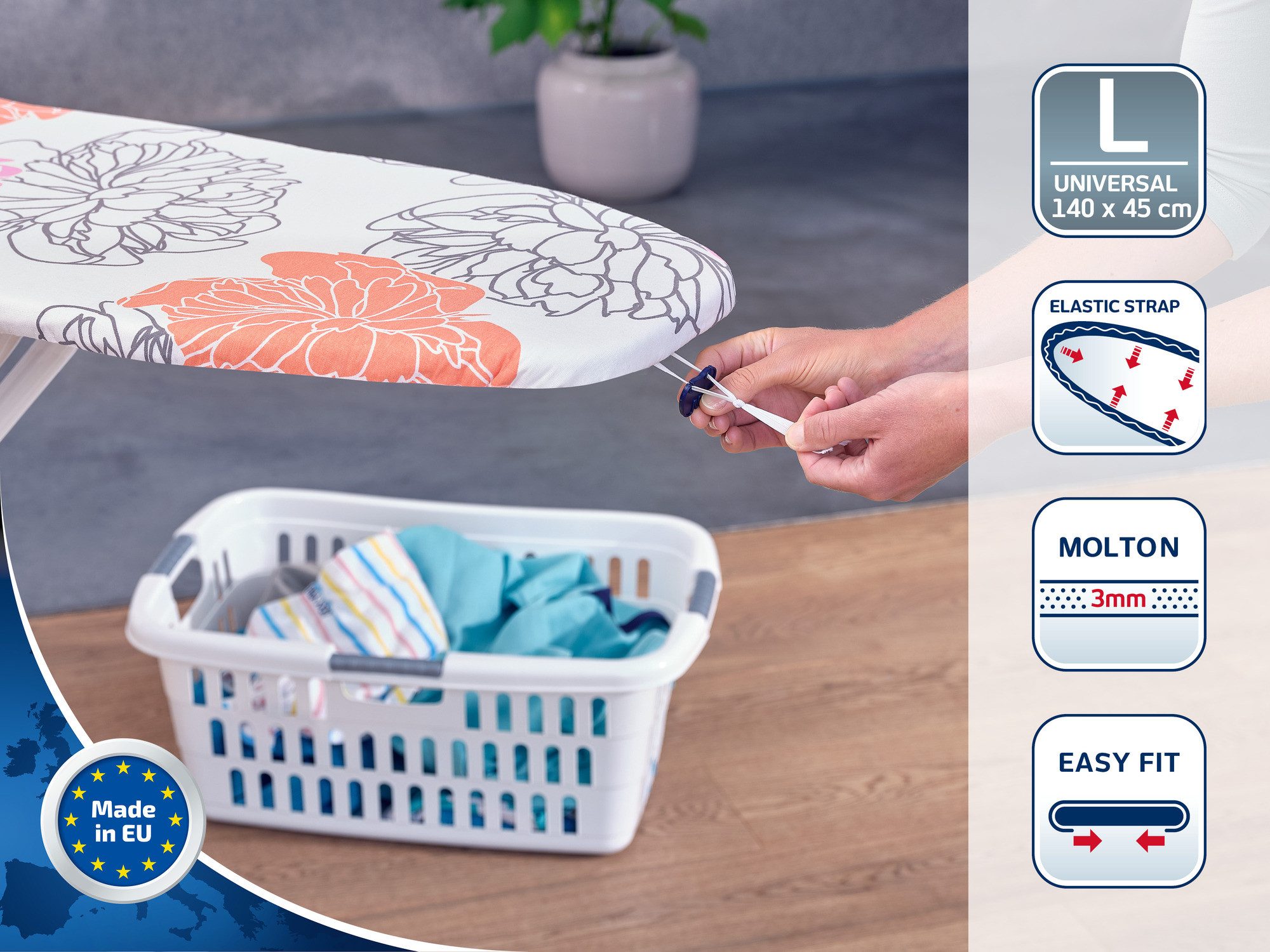 Leifheit Ersatz-Bügelbrettbezug Bügeltischbezug Cotton Comfort L/Universal, Für Dampfstationen geeignet, 140x45cm, 3mm Molton-Komfortpolsterung