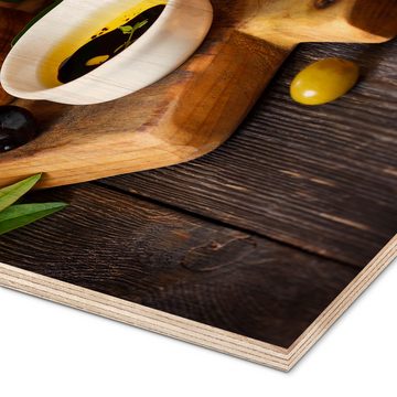 Posterlounge Holzbild Editors Choice, Grüne und schwarze Oliven, Küche Mediterran Fotografie