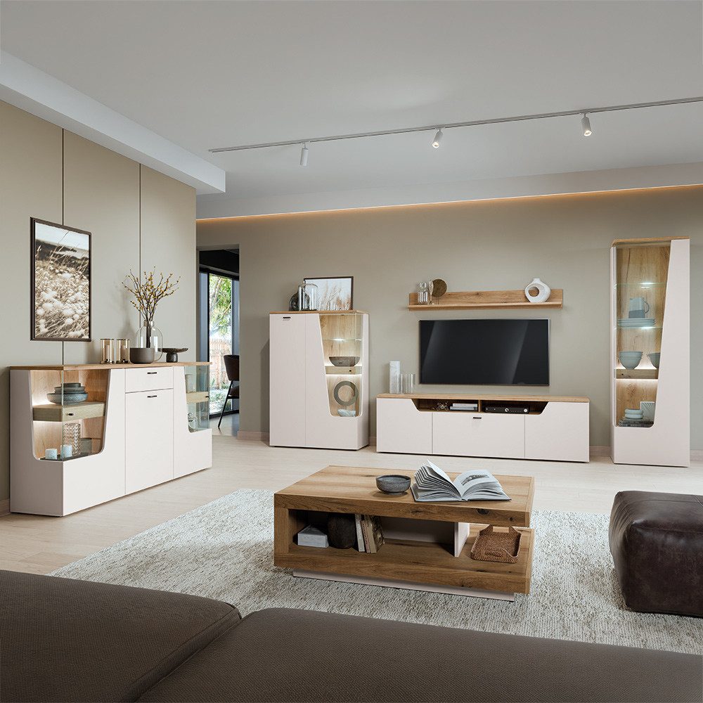 Lomadox Wohnzimmer-Set CARMONA-129, (Mega-Spar-Set, 6-St., Couchtisch Highboard Lowboard Sideboard Vitrine Wandregal), in Kaschmir und Eiche, inkl. LED-Beleuchtung