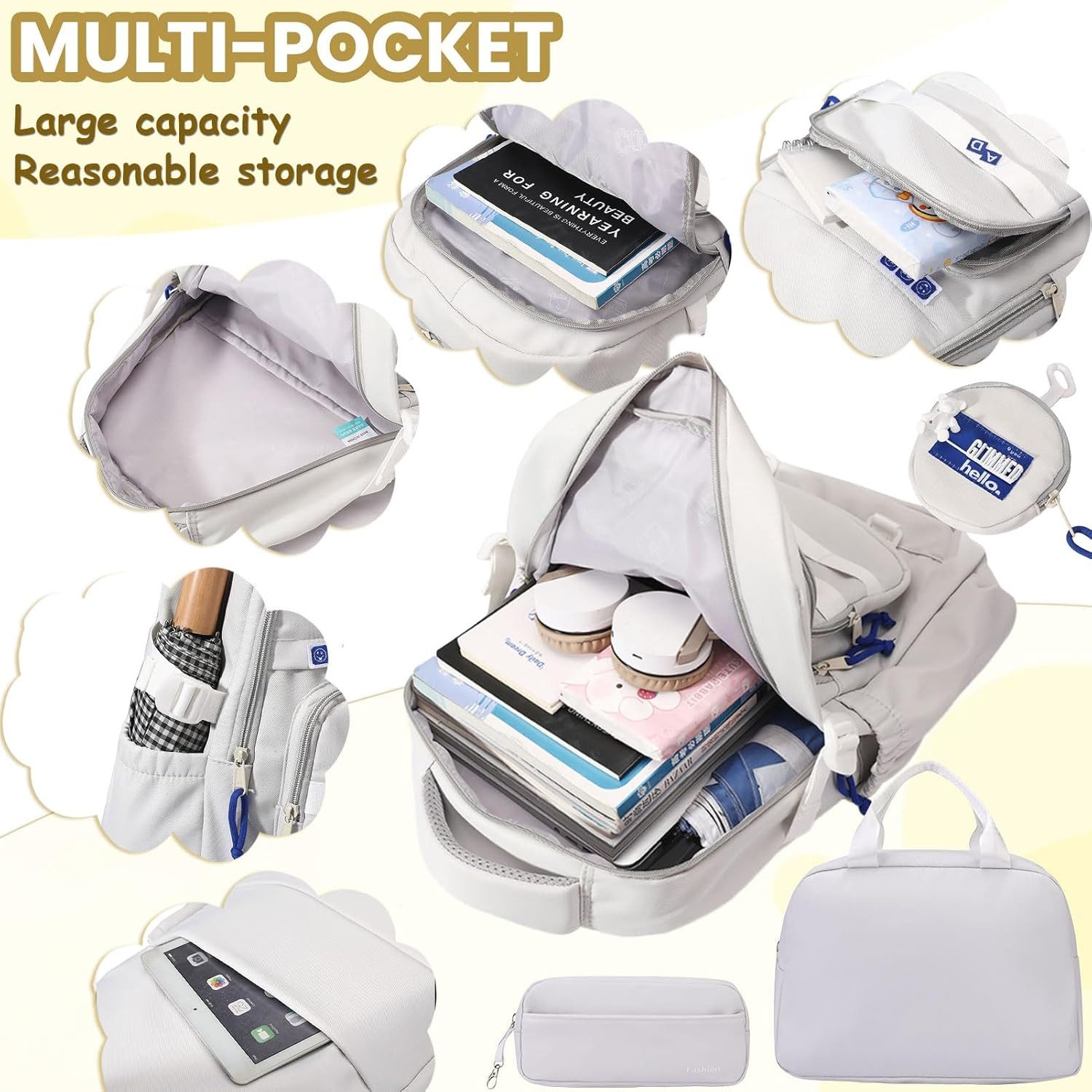 MOPUEA Schulrucksack Schulrucksack-Set Mädchen Teenager Wasserdichter Daypack (Leicht Wasserabweisend Großes Fassungsvermögen Ergonomisch, 3-tlg., Großem Hauptfach und Seitentaschen), mit Lunchbox und Federmäppchen für Schule Reisen und Alltag