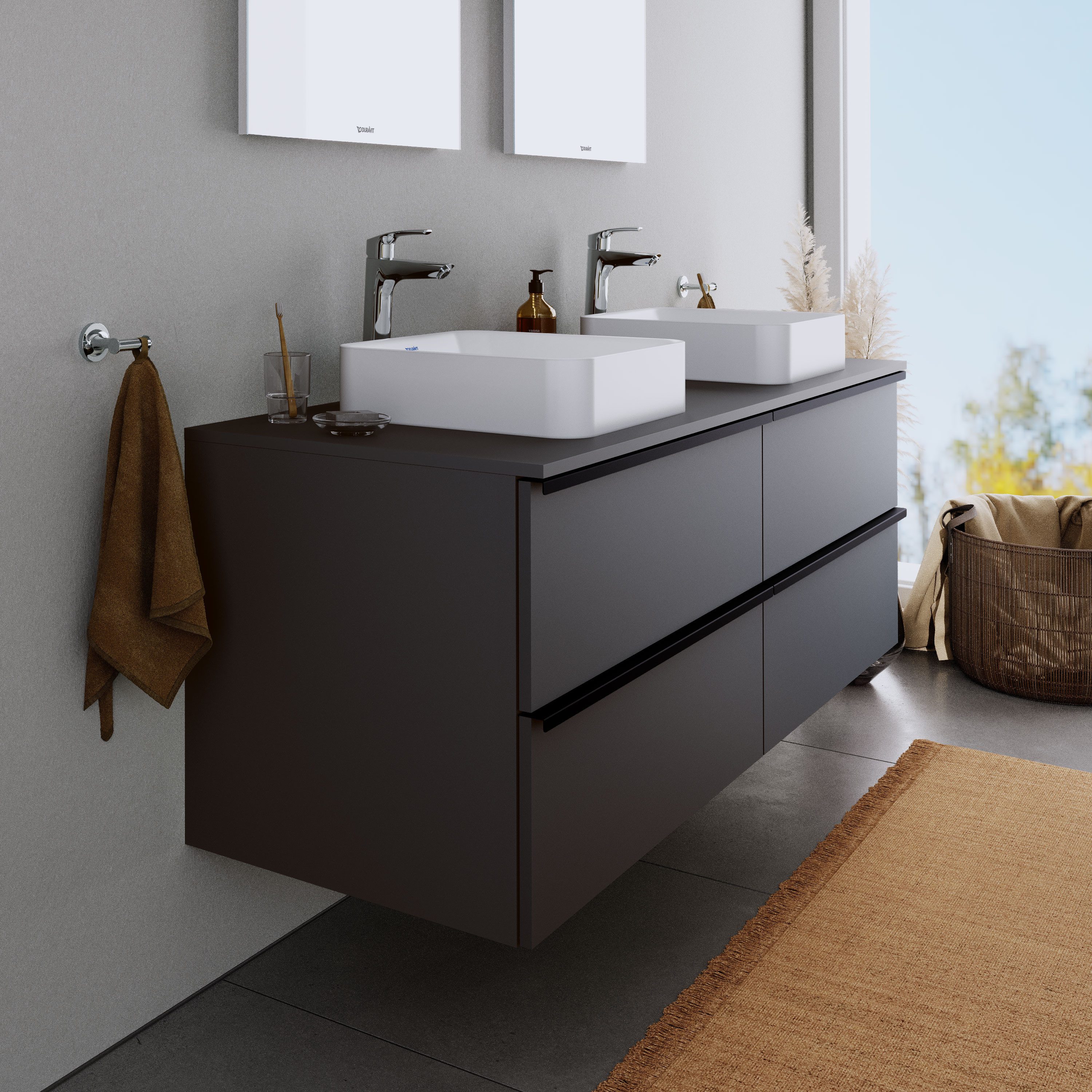 Duravit Waschbeckenunterschrank DuraPoint Graphit matt 120cm Waschtischunterschrank für Aufsatzbecken 4 Auszüge Griffleiste schwarz