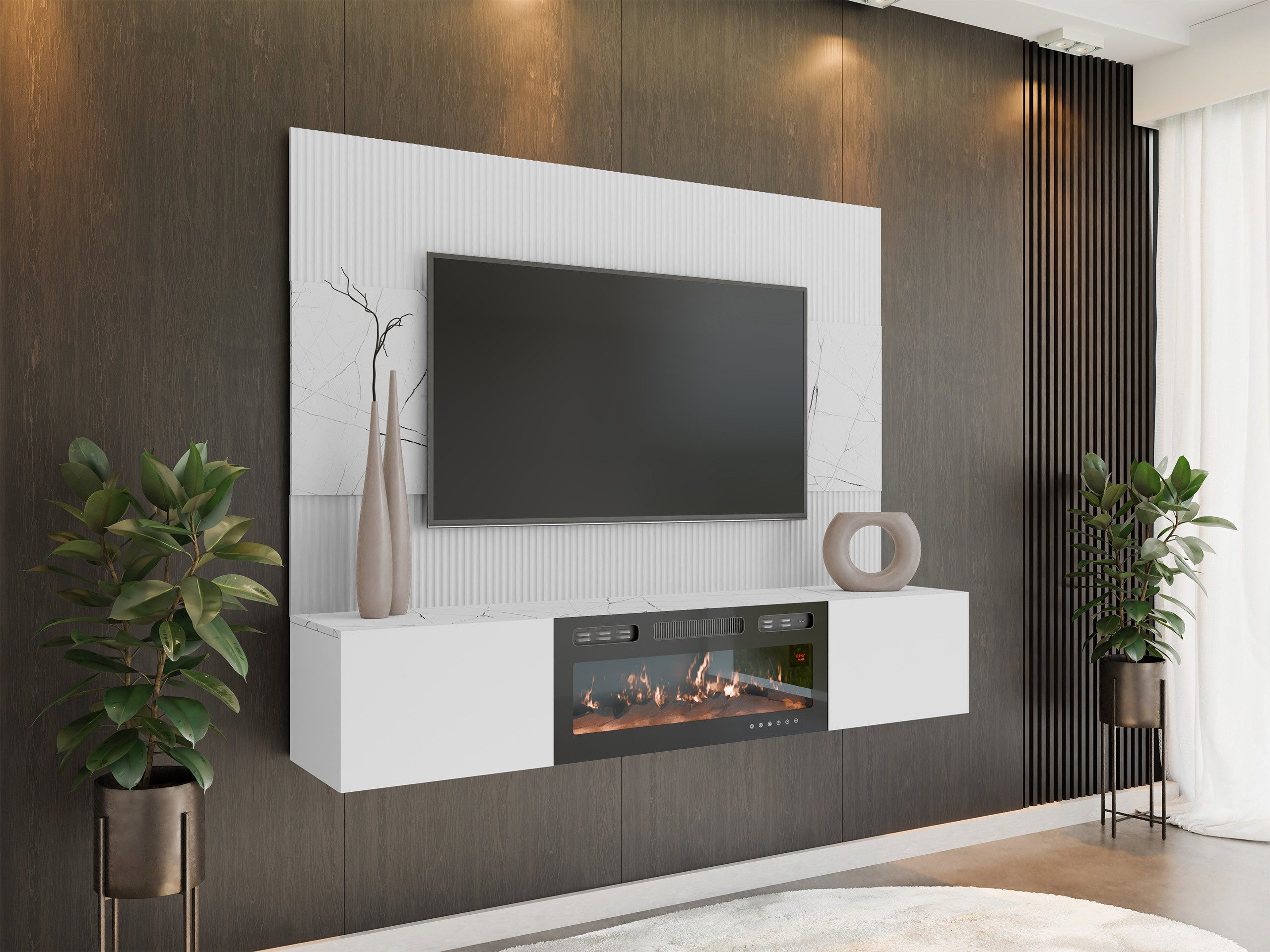 MIRJAN24 Wohnwand Deromi III mit Kamin, (2er-Set, TV-Lowboard mit Wandpaneel), Realistische LED-Flamme, Griffloses Öffnungssystem