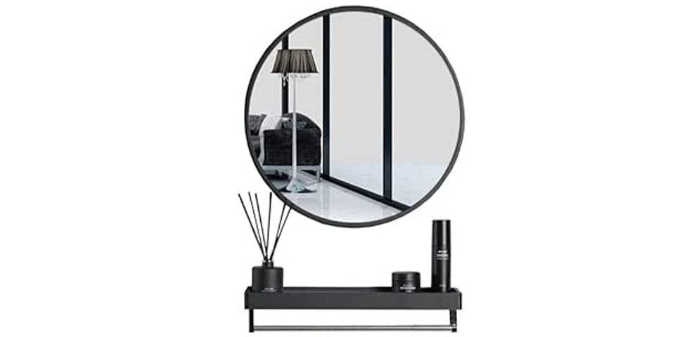Best for Home Badspiegel Rundspiegel 70 cm mit Ablage – Schwarz & modern (Spiegel, 1-St., 1 × Wandspiegel mit integrierter Ablage inkl), Runde Form, integrierte Ablage, modernes Design