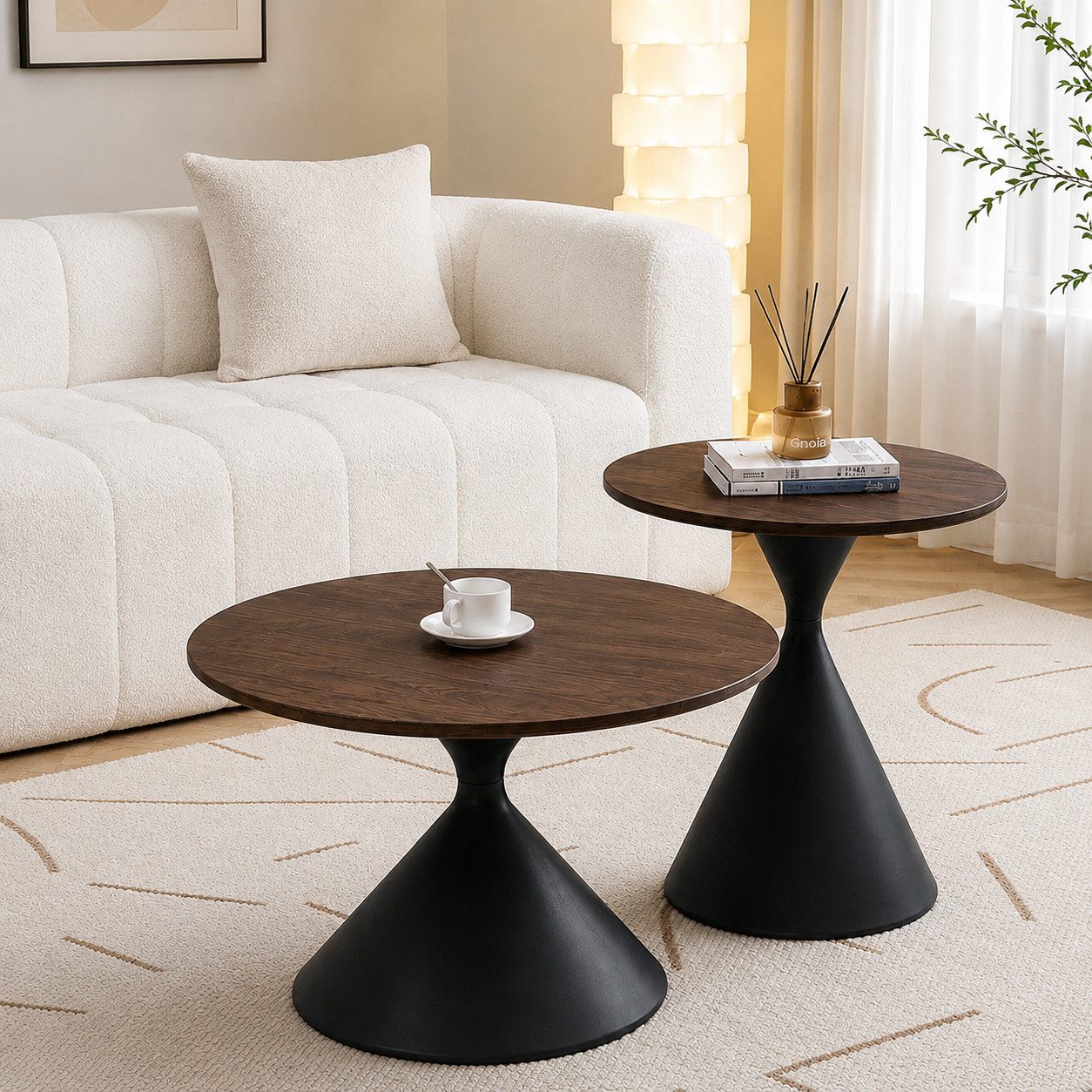 PEALOV Couchtisch 2er Set, Rundes Beistelltisch-Set mit Holzoptik und Metallgestell (2-St), platzsparende Satztische für Wohnzimmer, Schlafzimmer und Balkon
