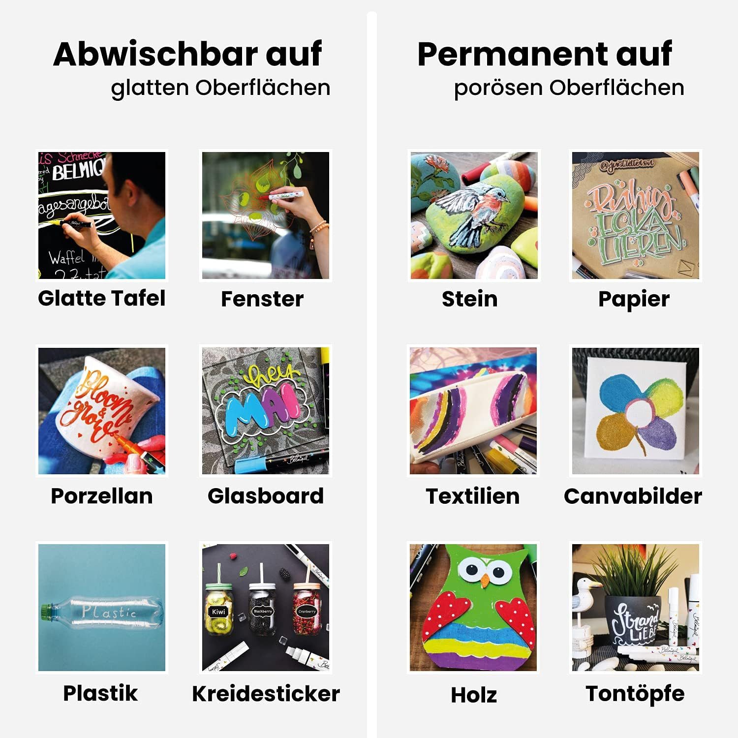 Belmique Malkreide Kreidemarker - Kreidestifte Pastellfarben, (Set, 12-tlg), Ideal für Tafel, Fenster, Whiteboard - Feine Rund-& Schrägkeilspitze – Bild 4 von 5