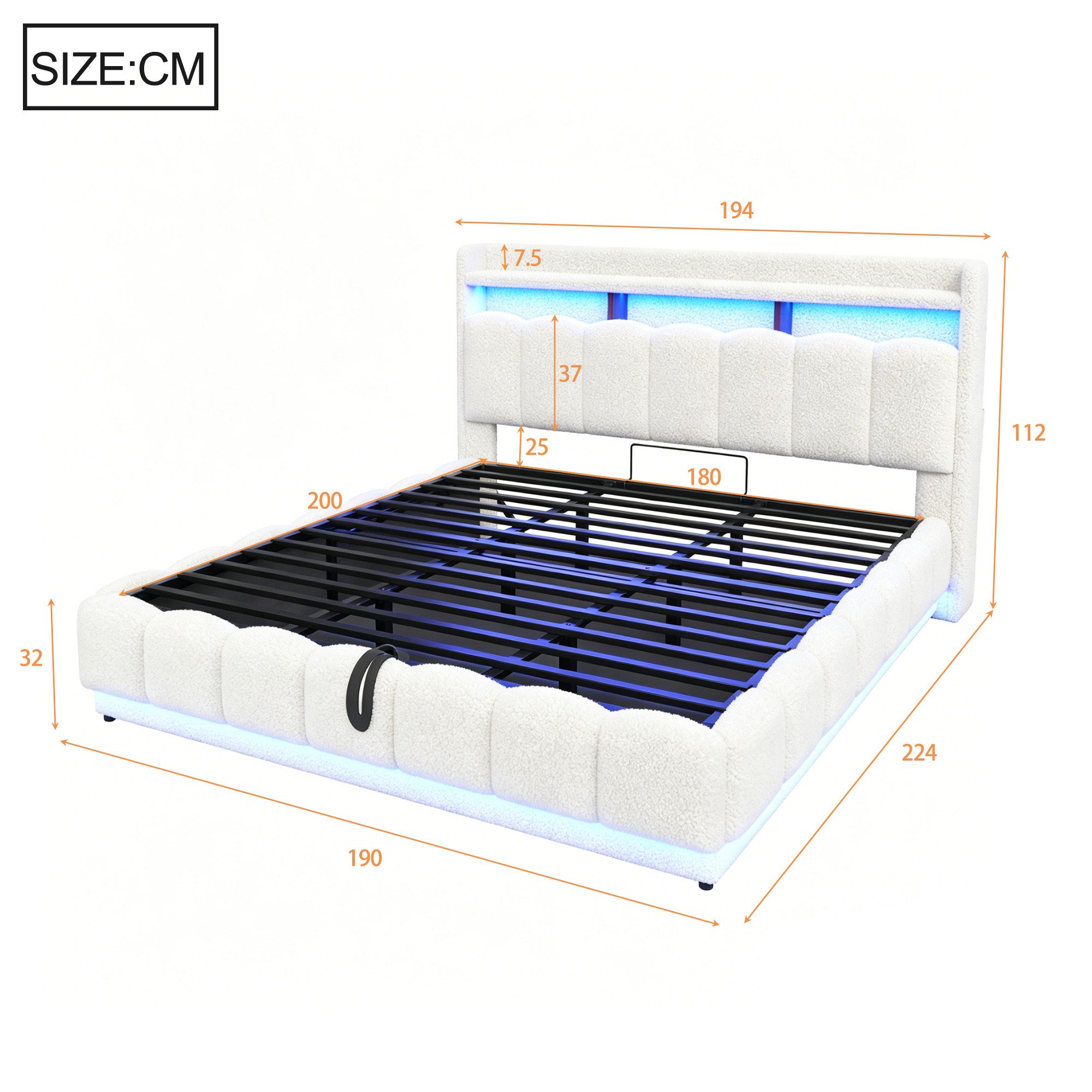 Celya Polsterbett 180 × 200 mit hydraulischem Stauraum und LED-Lichtleiste (ohne Matratze, mit USB-Anschluss, Lattenrost aus Metall) – Bild 2 von 5