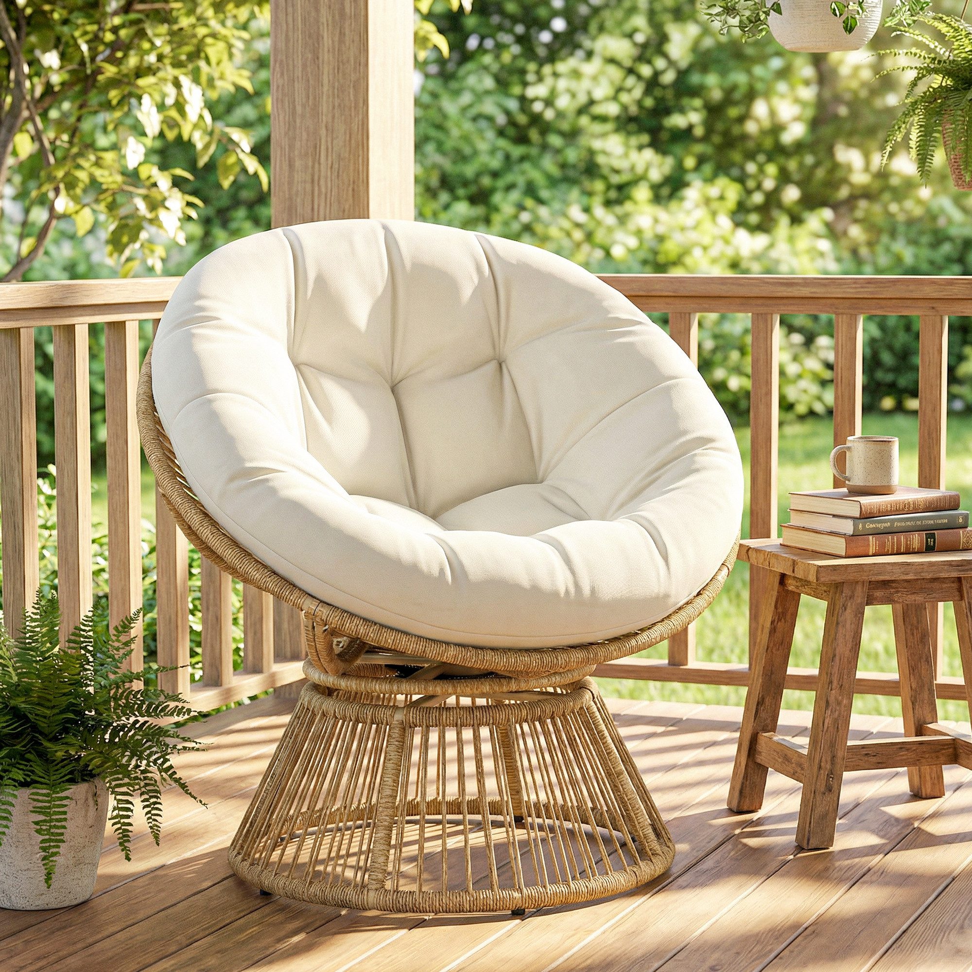 Outsunny Gartensessel runder Rattansessel Loungesessel aus Polyrattan für Wohnzimmer (Korbsessel, 1-St., Papasansessel), Cremeweiß