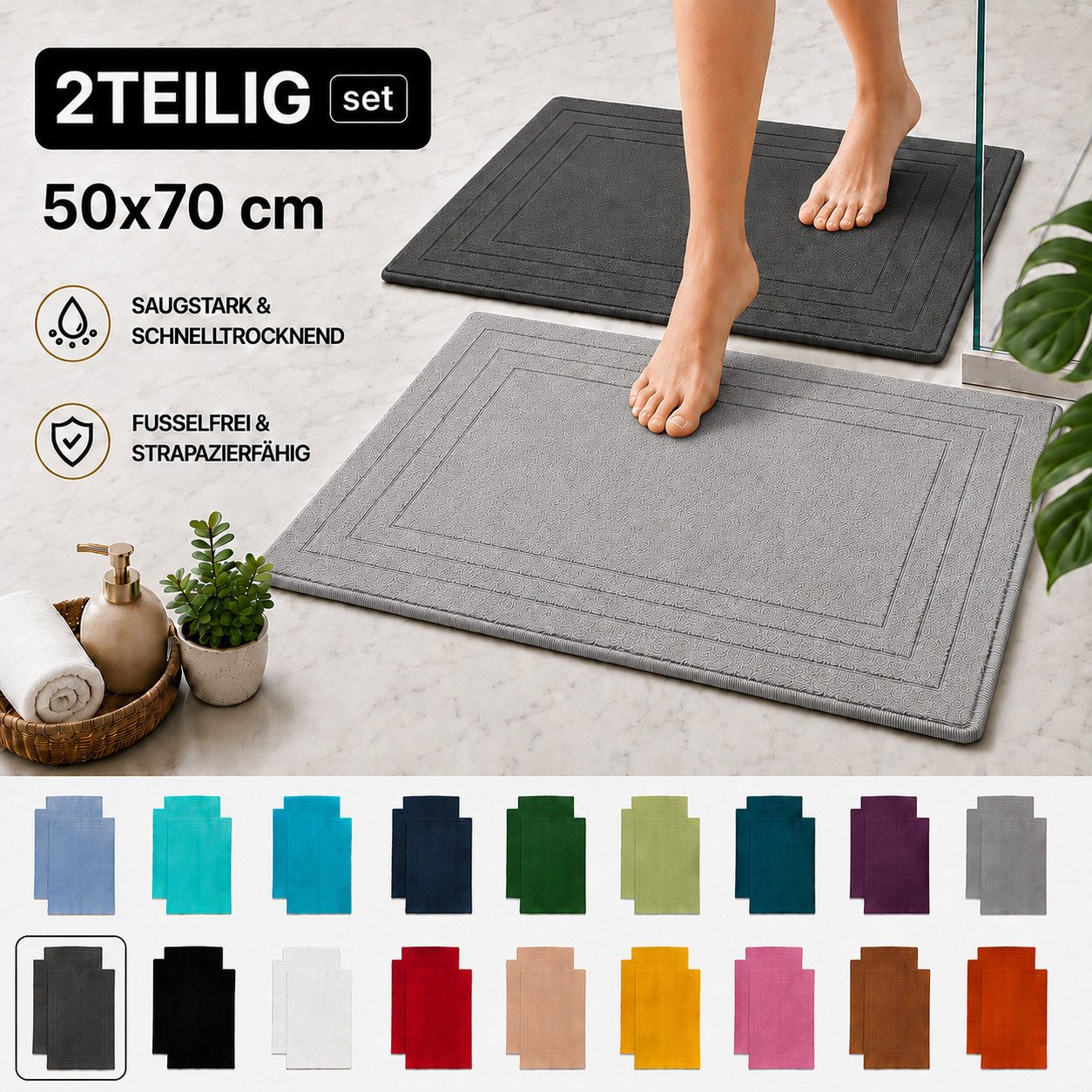 Komfortec Badematte 2er Badetuch Set aus 100% Baumwolle 50x70 cm Extra Weich & Saugstark, Rechteckig, 600 g/m² – Bild 5 von 5