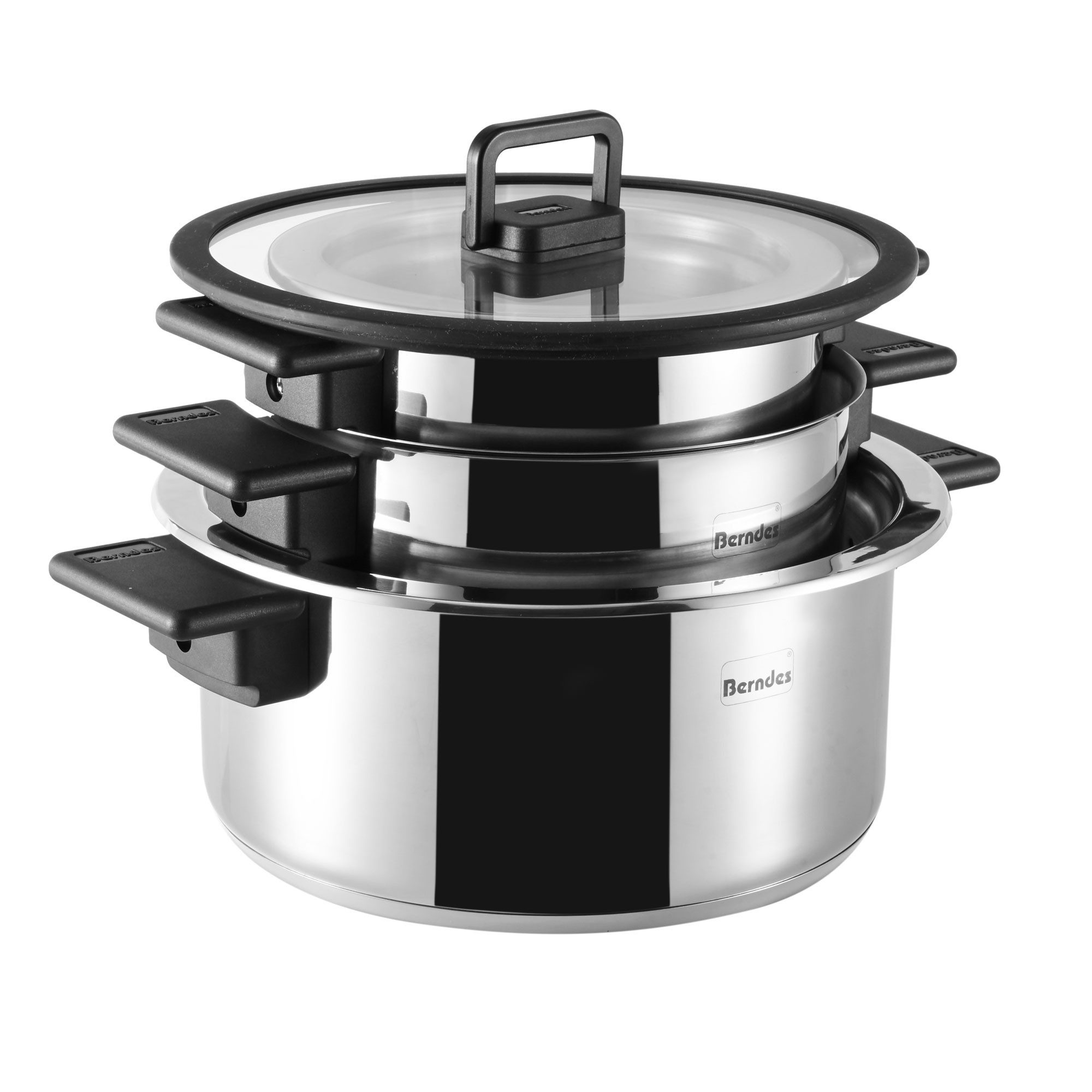 Berndes Topf-Set Stapelbares Kochtopfset, 5-teilig, Edelstahl, poliert - b.miracle, Edelstahl