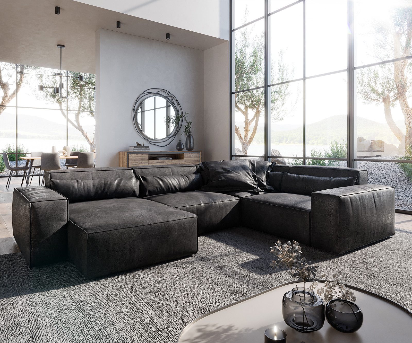 DELIFE Wohnlandschaft Sirpio, Lederimitat Vintage Anthrazit 300x210 cm Reca günstig online kaufen