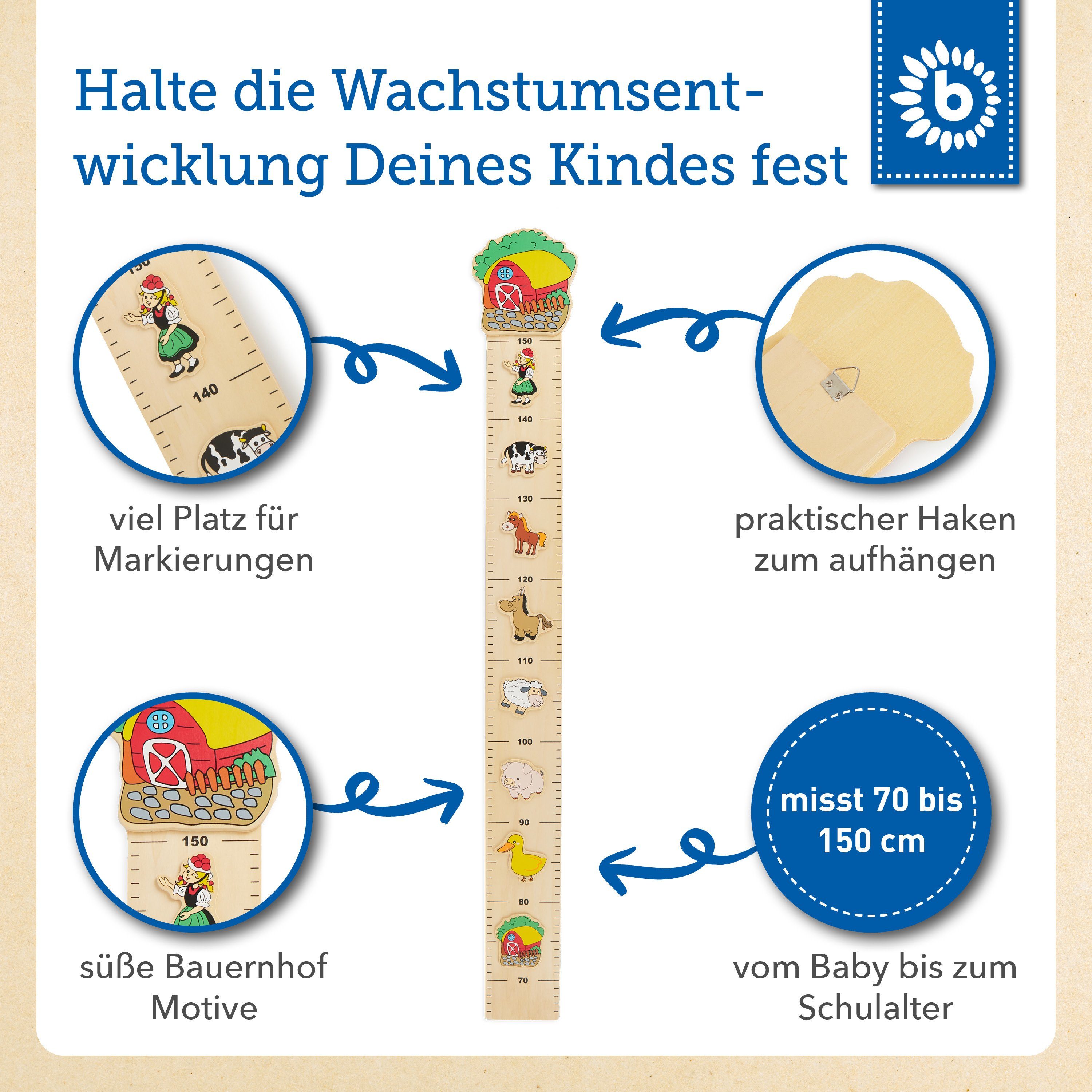 BIECO Messlatte Bieco Messlatte Holz Bauernhof Skala 0,65-1,5m Kinder Wand Dekoration