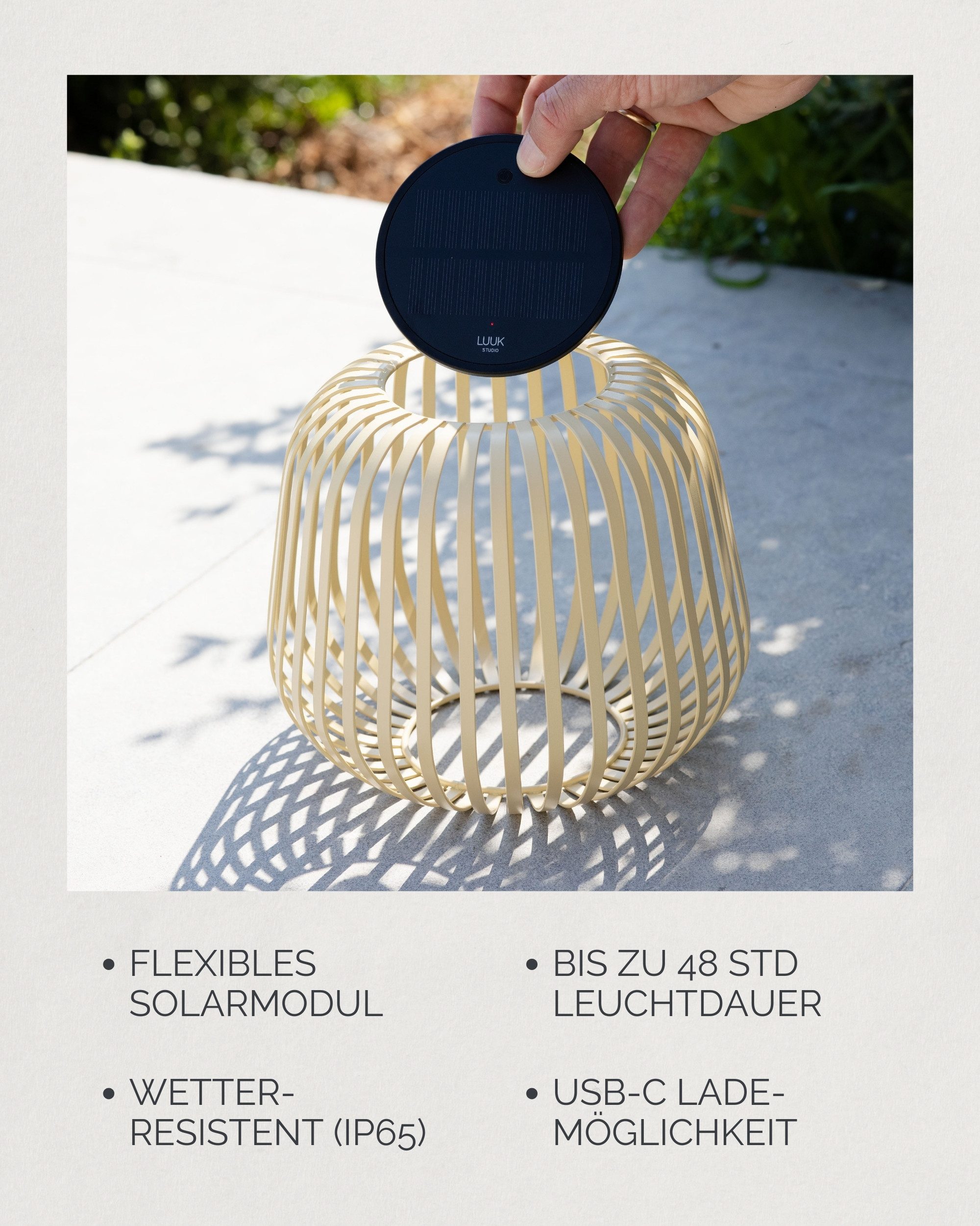 LUUK Studio LED Solarleuchte SOLIS, LED fest integriert, warmweißes Licht (2700 K), Tageslichtweiß, Kabellose LED Laterne mit herausnehmbaren Solarmodul