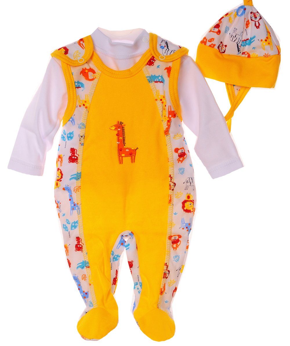 La Bortini Strampler, Jäckchen & Mütze Strampler Baby Anzug 3Tlg Strampler Hemdchen Mütze in Gelb aus reiner Baumwolle, 44 50 56 62 68 74