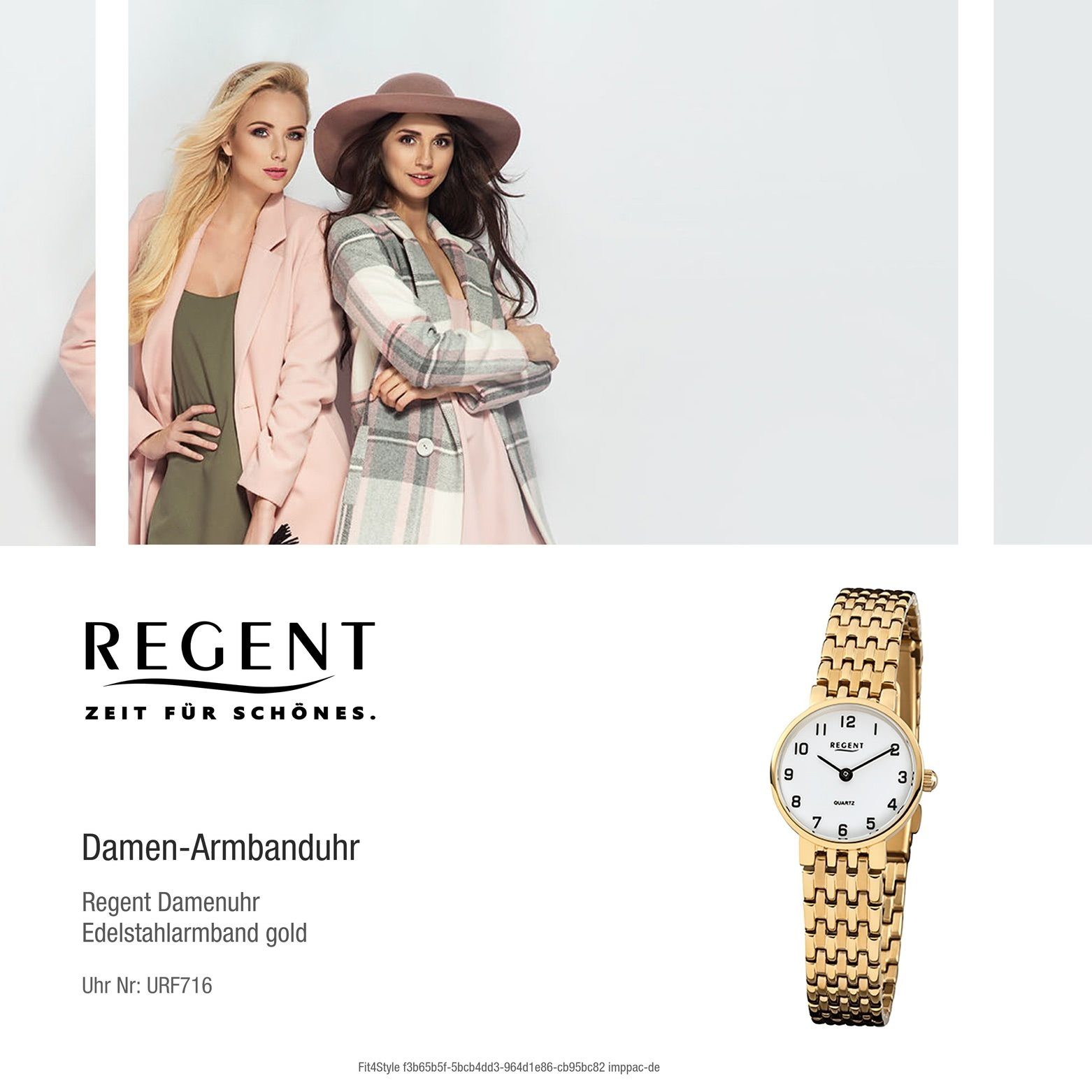 (ca. Regent Analog F-716, Armbanduhr Quarzuhr Damen ionenplattiert gold rund, Damen-Armbanduhr Edelstahl, Regent 24mm), klein