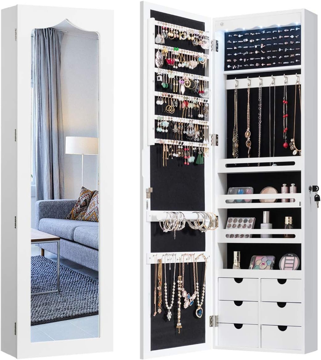 COSTWAY Schmuckschrank mit LED & Ganzkörperspiegel, für Tür und Wand Spiegelschrank Schmuck-Organizer