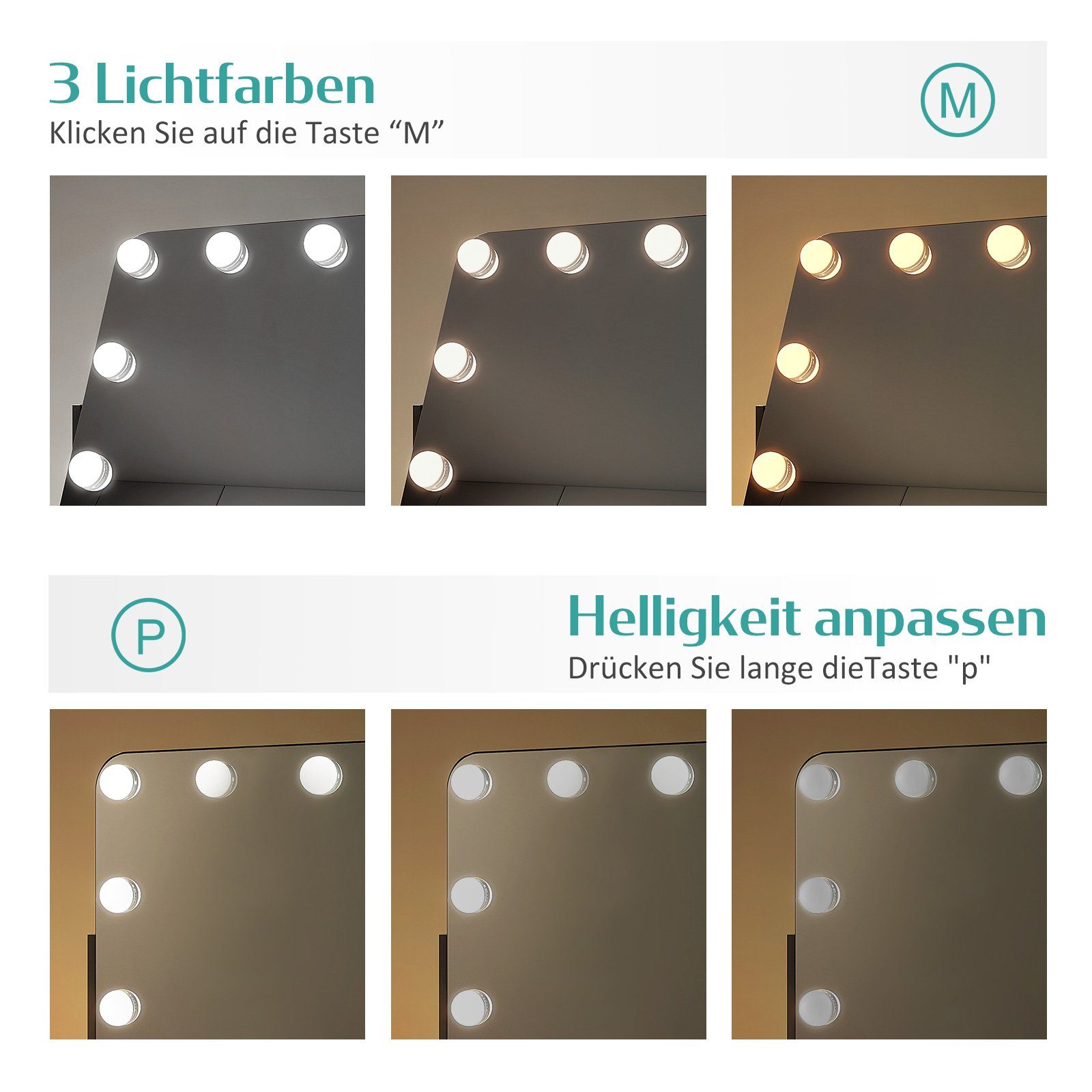 mit ° Farbe EMKE Vergrößerungsspiegel Kosmetikspiegel Drehbar 360 Licht,Dimmbar,Speicherfunktion,7 Schwarz x Spiegel Hollywood Tischspiegel, Beleuchtung 3