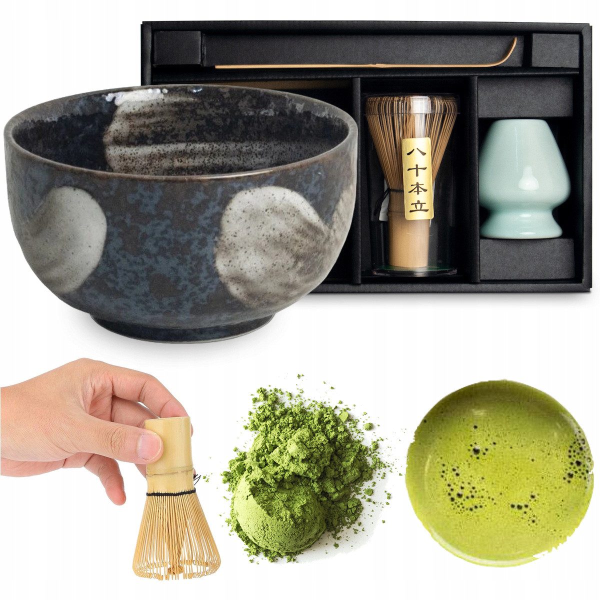 WestCraft Teeservice Matcha Set 4 tlg. Original japanische Matcha Schale mit Besen & Löffel (4-tlg), Bamboo, handgefertigt für eine authentische japanische Matcha & Tee-Zeremonie