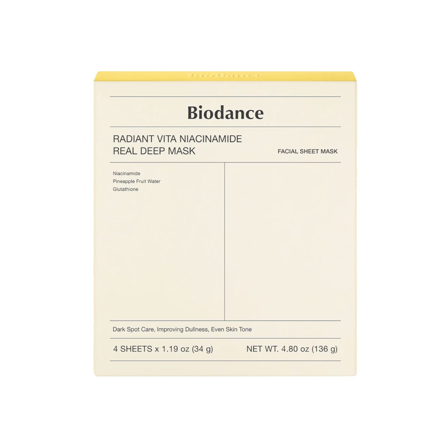 Biodance Gesichtsmaske Biodance Radiant Vita Niacinamide Real Deep Mask 4 x 34 g, 4-tlg., 4 x 34 g 2 % Niacinamid Glutathion Ananas-Enzyme