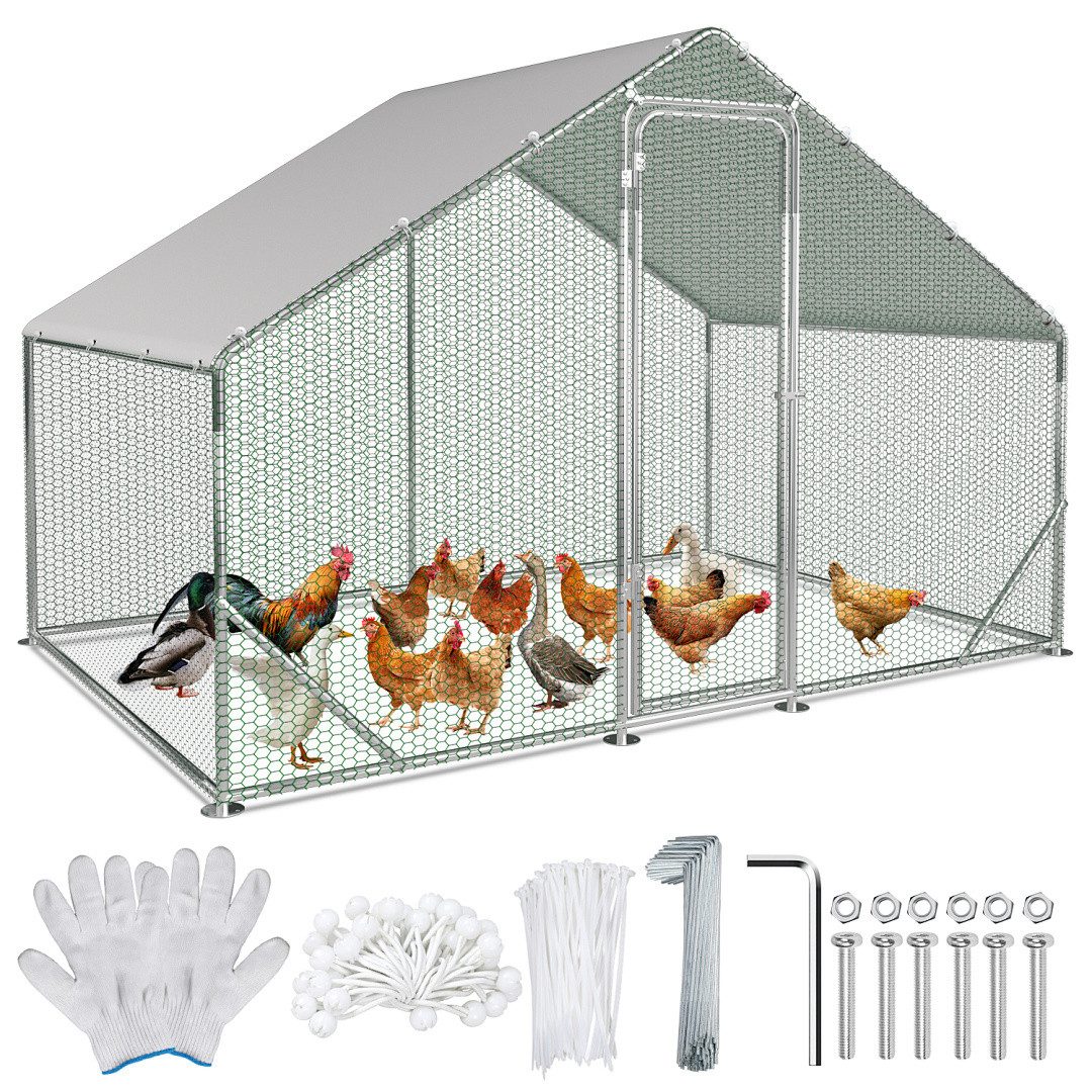 Clanmacy Hühnerstall 3x2x2m Hühnerstall aus Stahl mit UV-beständiger Abdeckung Voliere