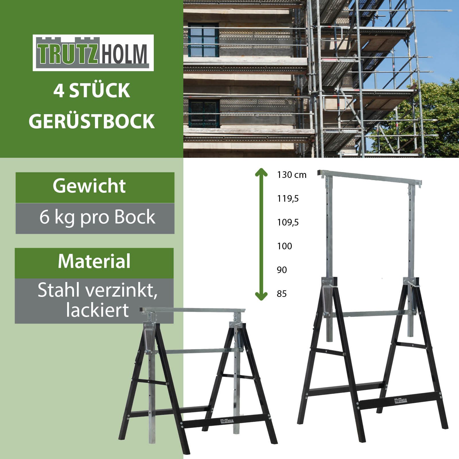 TRUTZHOLM Klappbock Arbeitsbock bis 800 kg Stahl lackiert schwarz Klappbock Gerüstbock, (4er Set), 7-fach höhenverstellbar