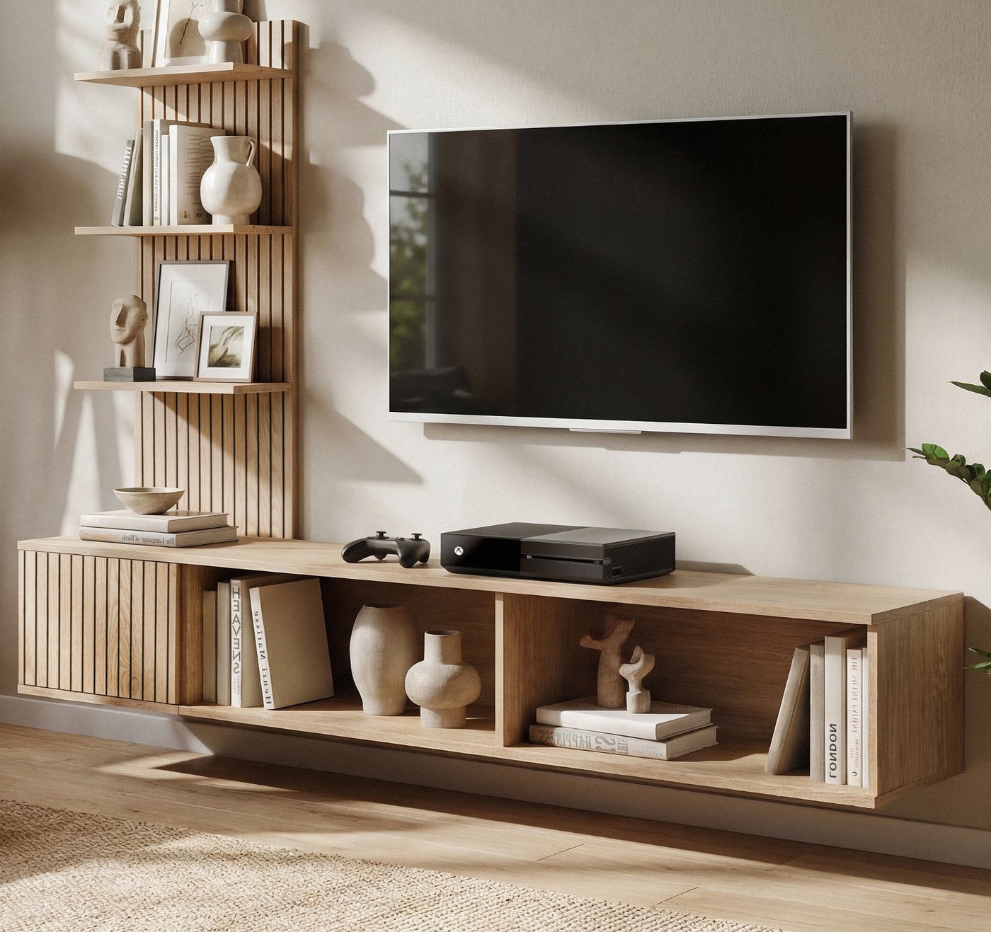 Inn.Furn Lowboard Sense (Set inkl. Wandpaneel und Regal, 3 St., in Eiche mit Leistenoptik, Breite 180 cm), Soft-Close und Push-To-Open-Funktion