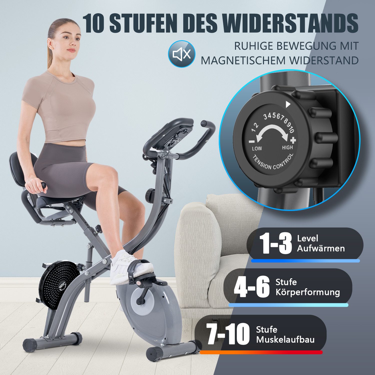 Gywowken Heimtrainer Fahrrad Klappbar für Zuhause mit APP - 4-in-1 faltbarer Heimtrainer (klappbarer Heimtrainer, LCD-Display, Handpulssensoren), mit 10 Stufen verstellbarem Magnetwiderstand und Spannseil