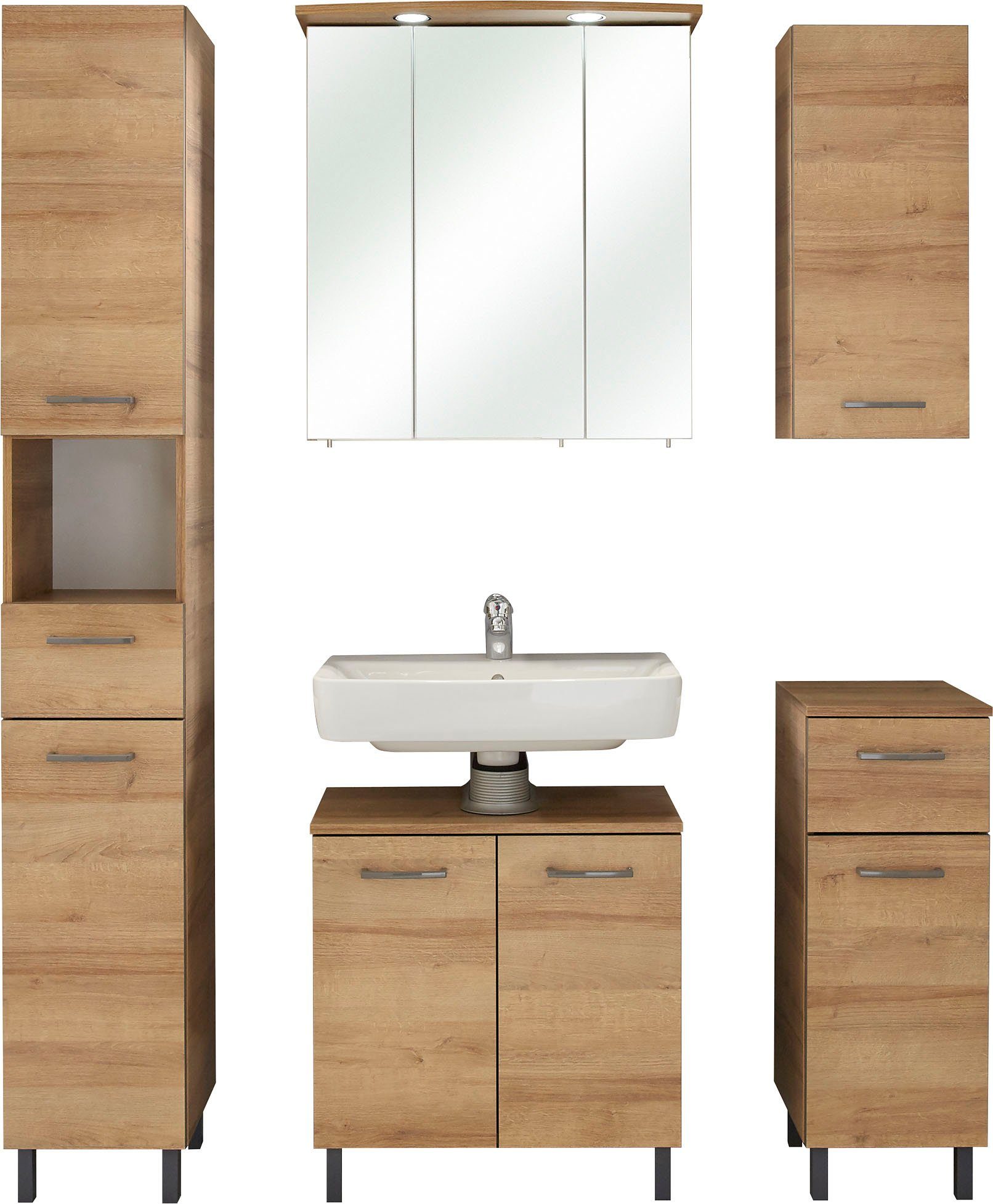 Saphir Badmöbel-Set Quickset 919 5-teilig, Waschbeckenunterschrank mit LED-Spiegelschrank, (5-St), Hochschrank, Unterschrank, Hängeschrank, 9 Türen, inkl. Türdämpfer. Reduzierter Preis € 765,65. Unverbindliche Preisempfehlung € 807,00