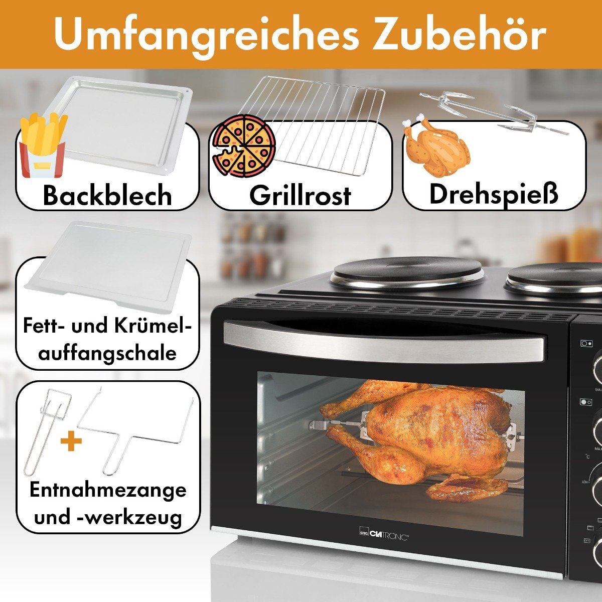 CLATRONIC Minibackofen KK 3786, Mini-Backofen mit Kochplatten und Drehspieß