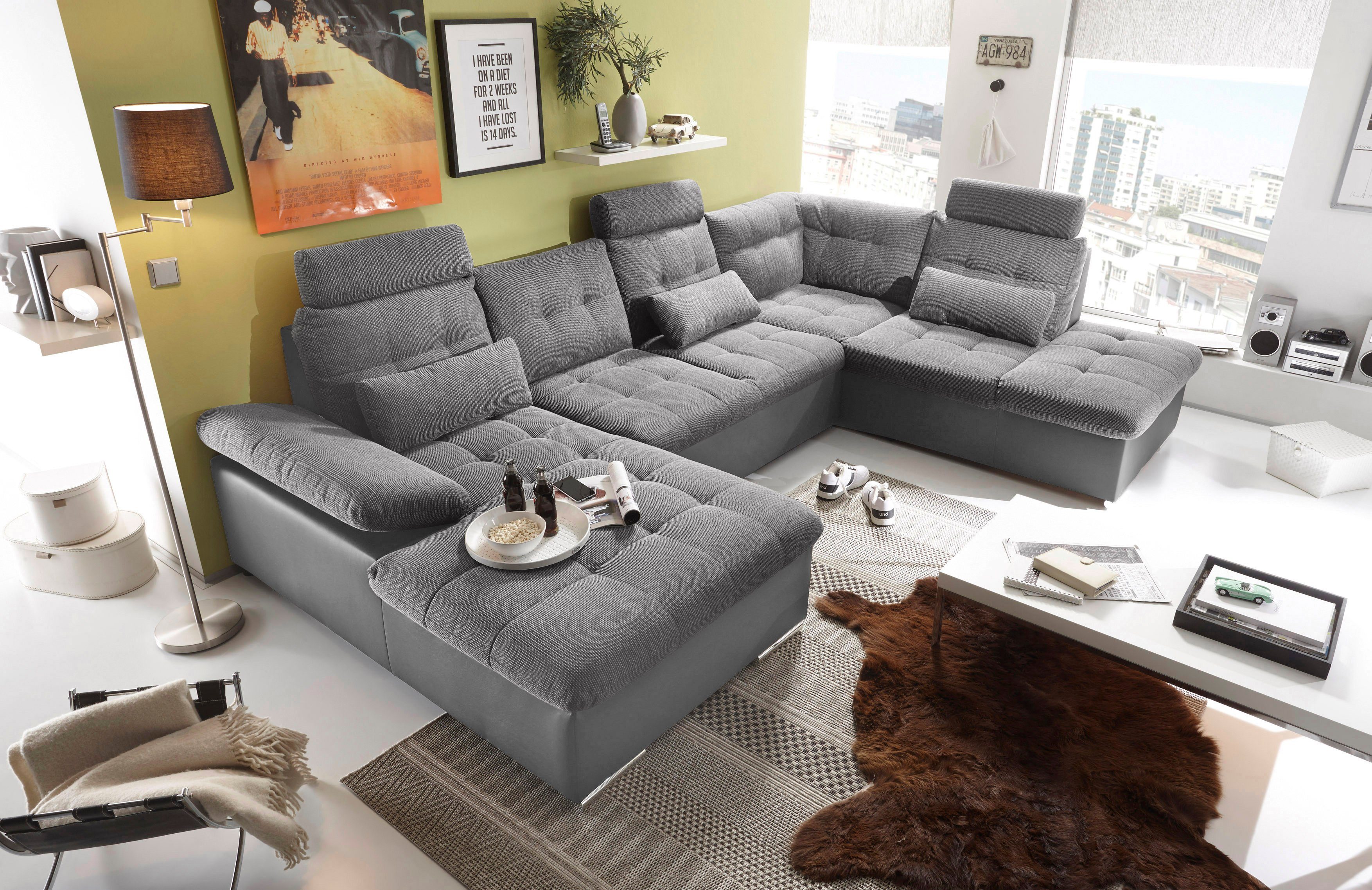 ED EXCITING DESIGN Wohnlandschaft Jakarta U-Form mit Bettfunktion, Bettkasten, Armteilverstellung, Kopfstützen & 3 Nierenkissen