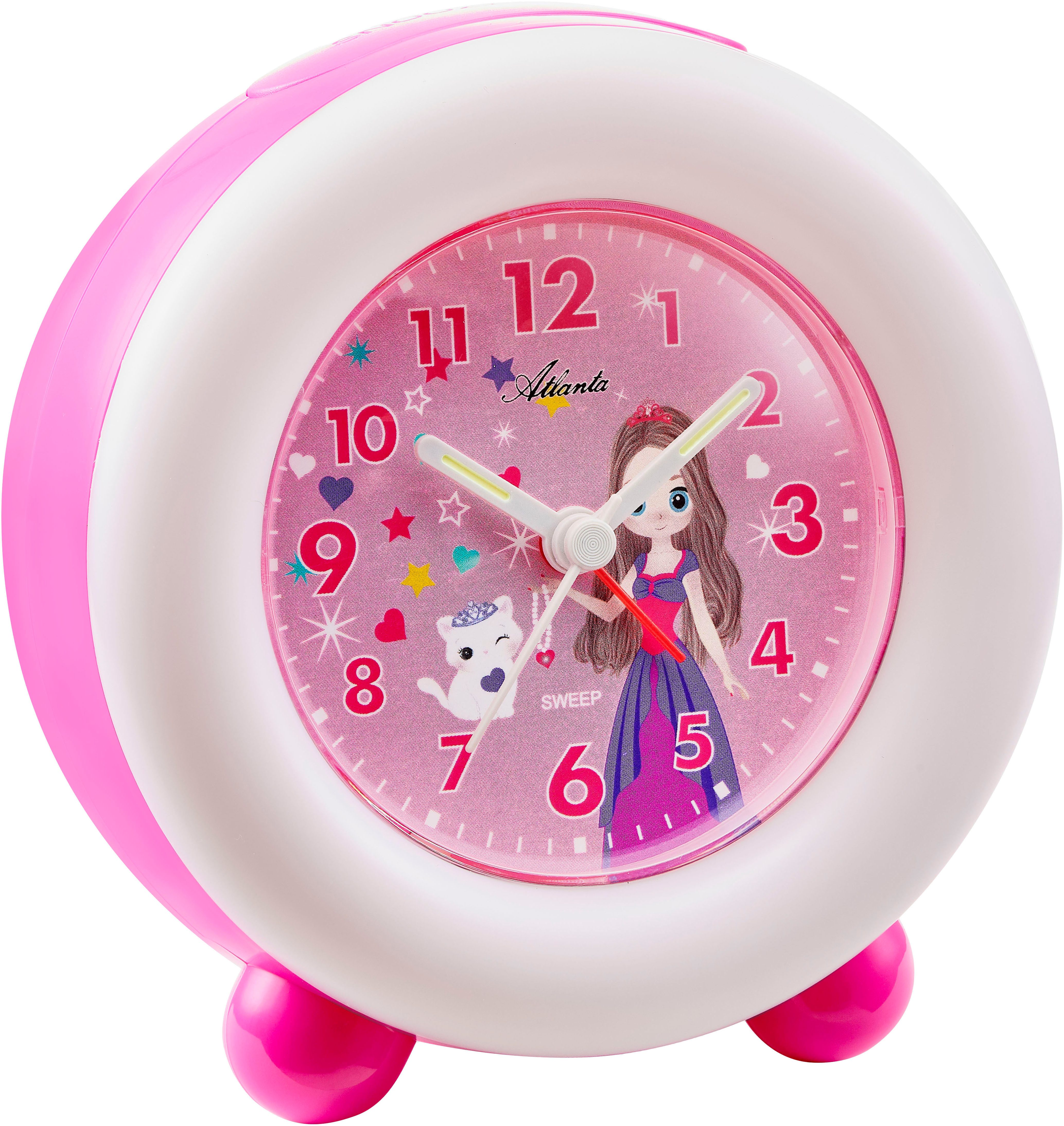 Atlanta Kinderwecker ideal für Reisen, Geschenkidee, Leuchtzeiger, Prinzessin, Katze,analog