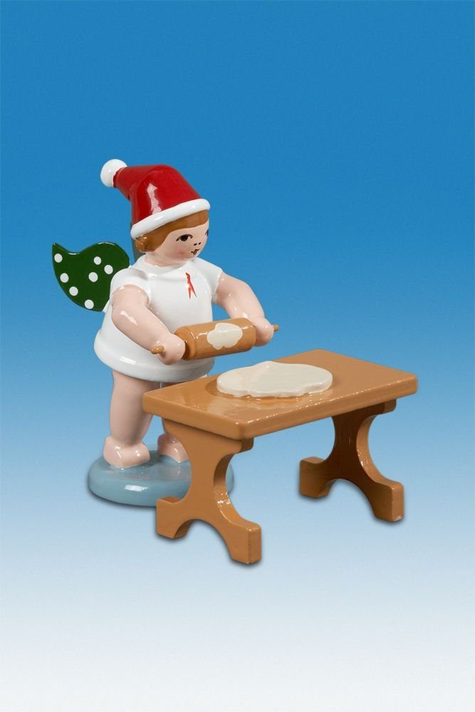 Engelfigur Holzfigur Bäckerengel mit Teigrolle am Tisch und Mütze Höhe 6cm NEU