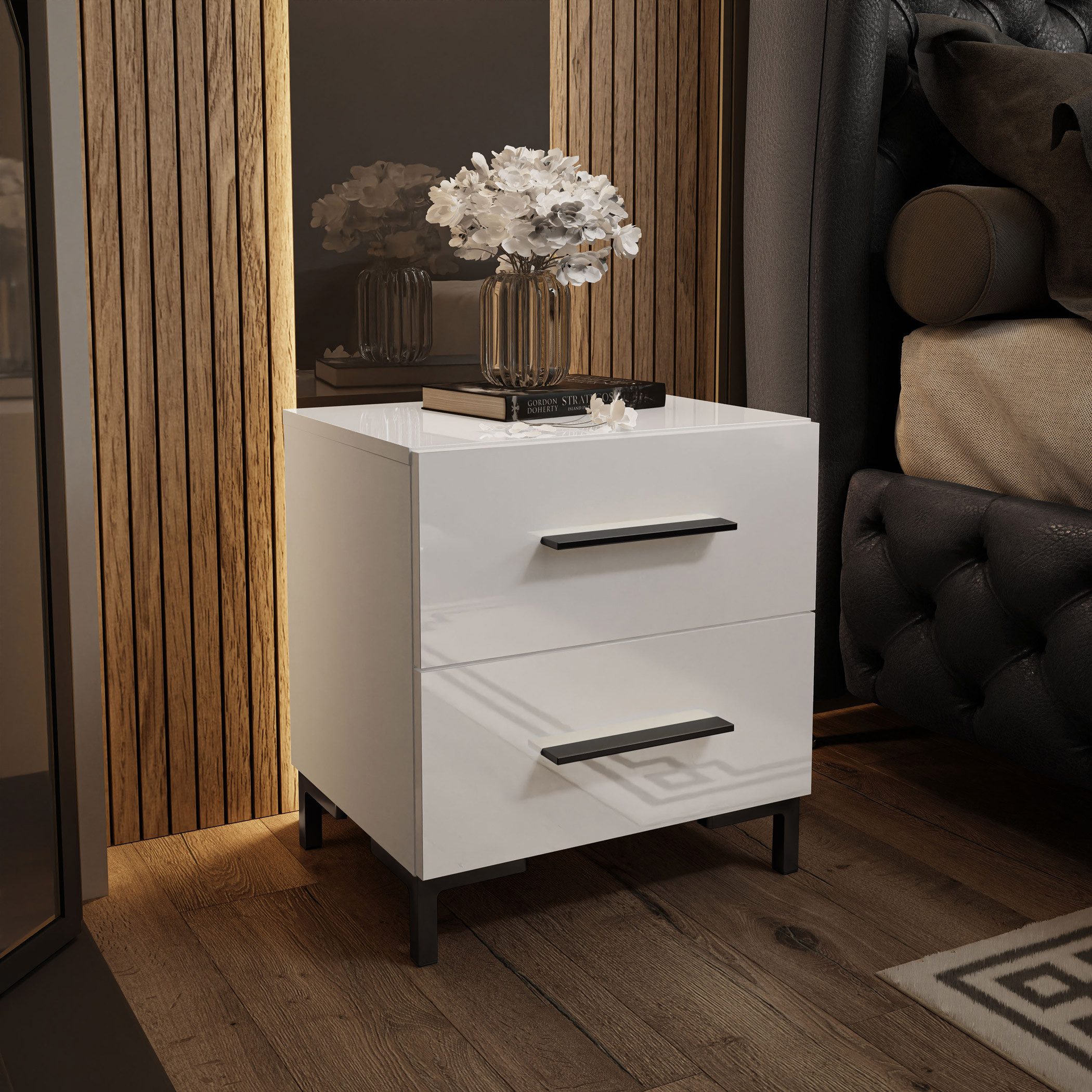 Lookway Nachttisch LINA LUX, Weiß / Weiß hochglanz Beine und Griffe günstig online kaufen