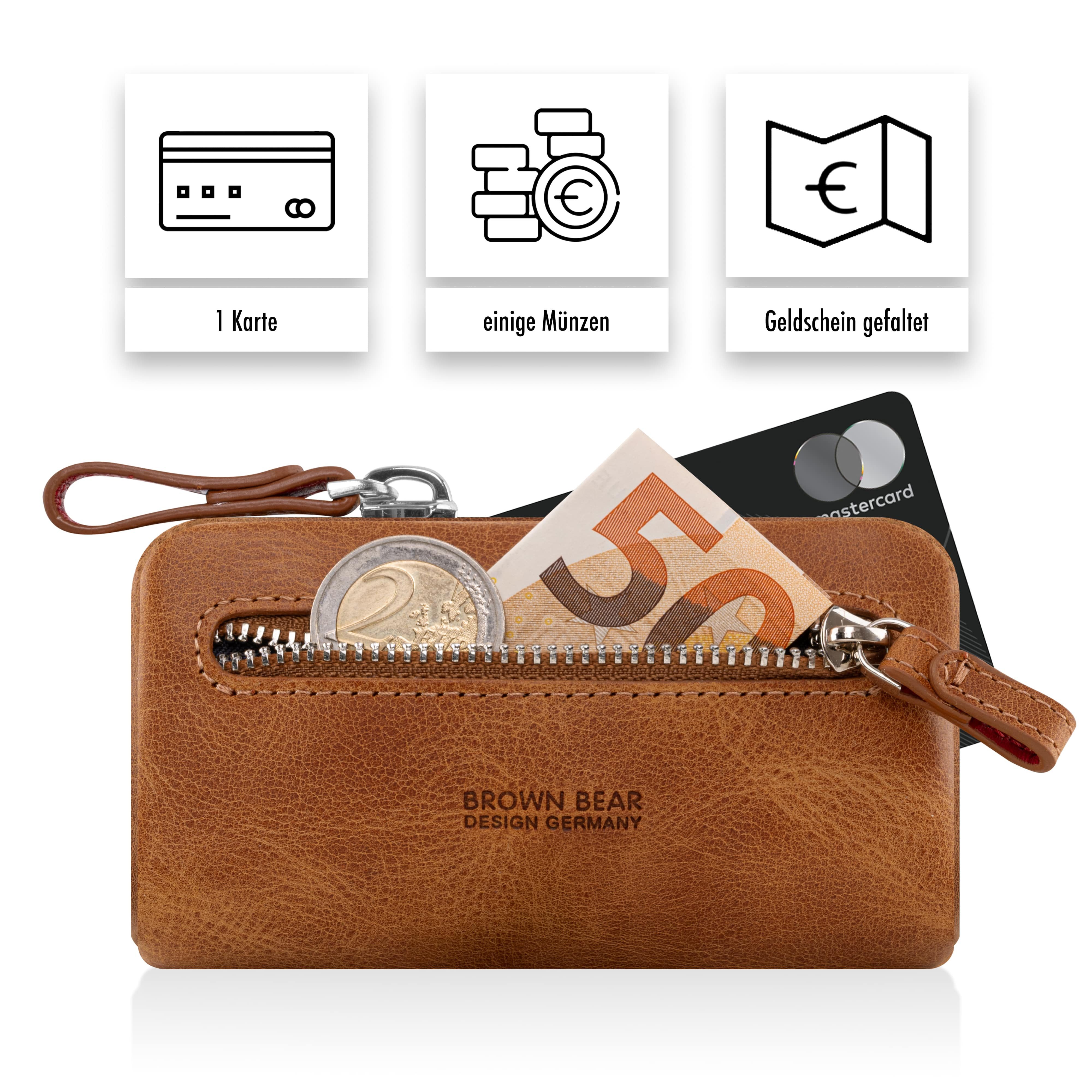 Brown Bear Schlüsseltasche 8017 A - aus Echtleder mit zwei Schlüsselringen, mit Münzfach und großen Korpus Farbe Cognac-Vintage