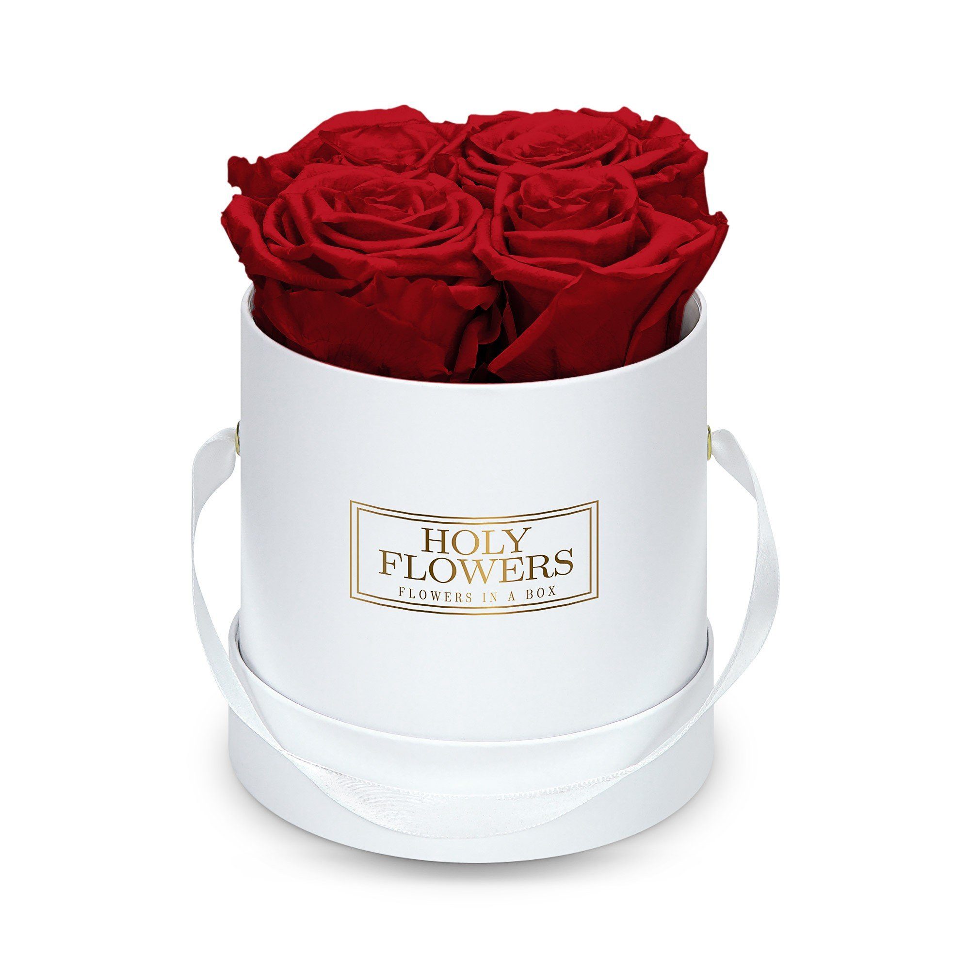 Kunstblume Runde Rosenbox in weiß mit 4-5 Infinity Rosen I 3 Jahre haltbar I Infinity Rose, Holy Flowers, Höhe 11 cm