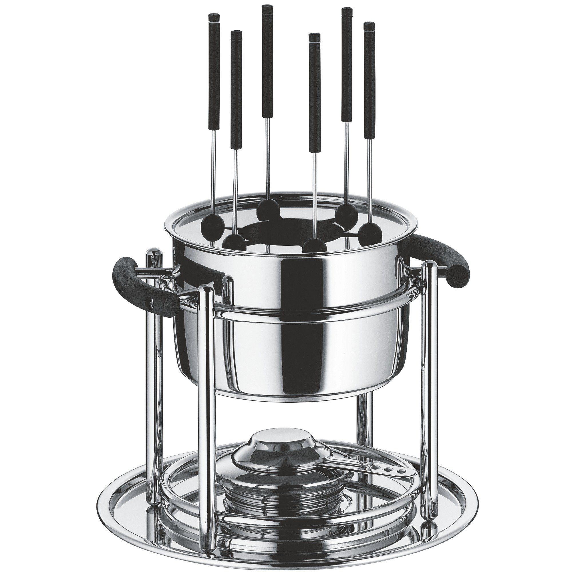 WMF Fonduetopf Всеgro, Cromargan® Edelstahl rostfrei 18/10 (1x Fonduetopf Ø 16 cm, 1x Spritzschutz, 1x Rechaud, 1x Tablett Ø 22 cm, 6x Fonduegabel mit Halterung, 1x Pastenbrenner, 11-tlg., Fonduetopf, Spritzschutz, Rechaud, Tablett, Fonduegabel, Pastenbrenner)