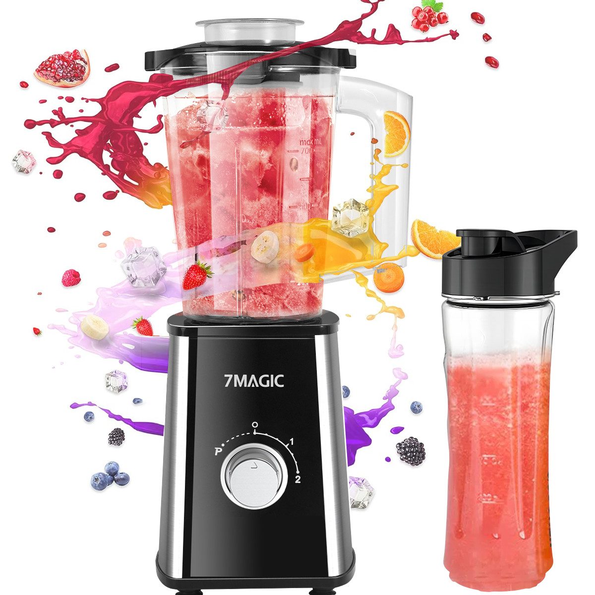 7MAGIC Smoothie-Maker Küchenmixer, Standmixer, Blender Mit 600ml Reisebecher, für Zuhause, 500,00 W, Mixer, 30000 U/min, Puls-und Eis-Crush-Funktion, Schnell sauber