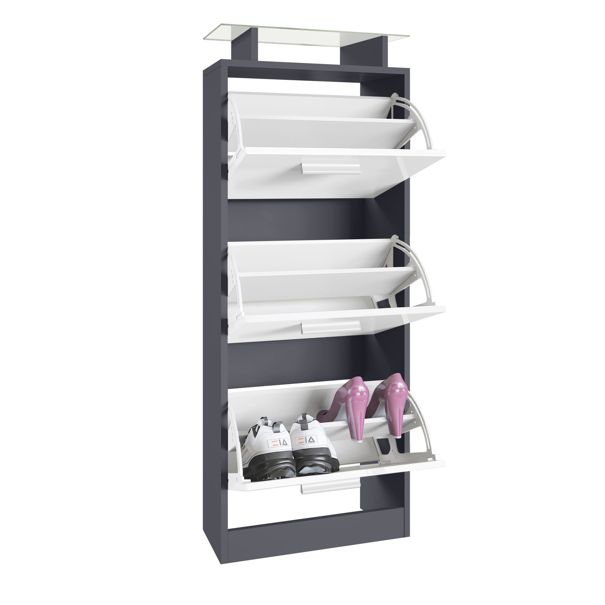 Vladon Schuhschrank Lavia V2 (Schuhkipper, für 12 Paar Schuhe mit 3 Klappen und Glasablage) Anthrazit matt/Schwarz matt (46 x 128 x 23 cm)