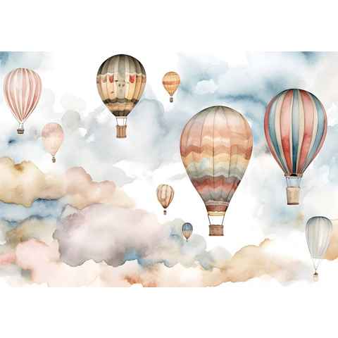 Wallarena Fototapete Kinderzimmer Aquarell Luftballons Wolken Vlies Tapete Vliestapete, Glatt Vlies oder Struktur Vinyl, Mädchen, Jungen, Vliestapete inklusive Kleister