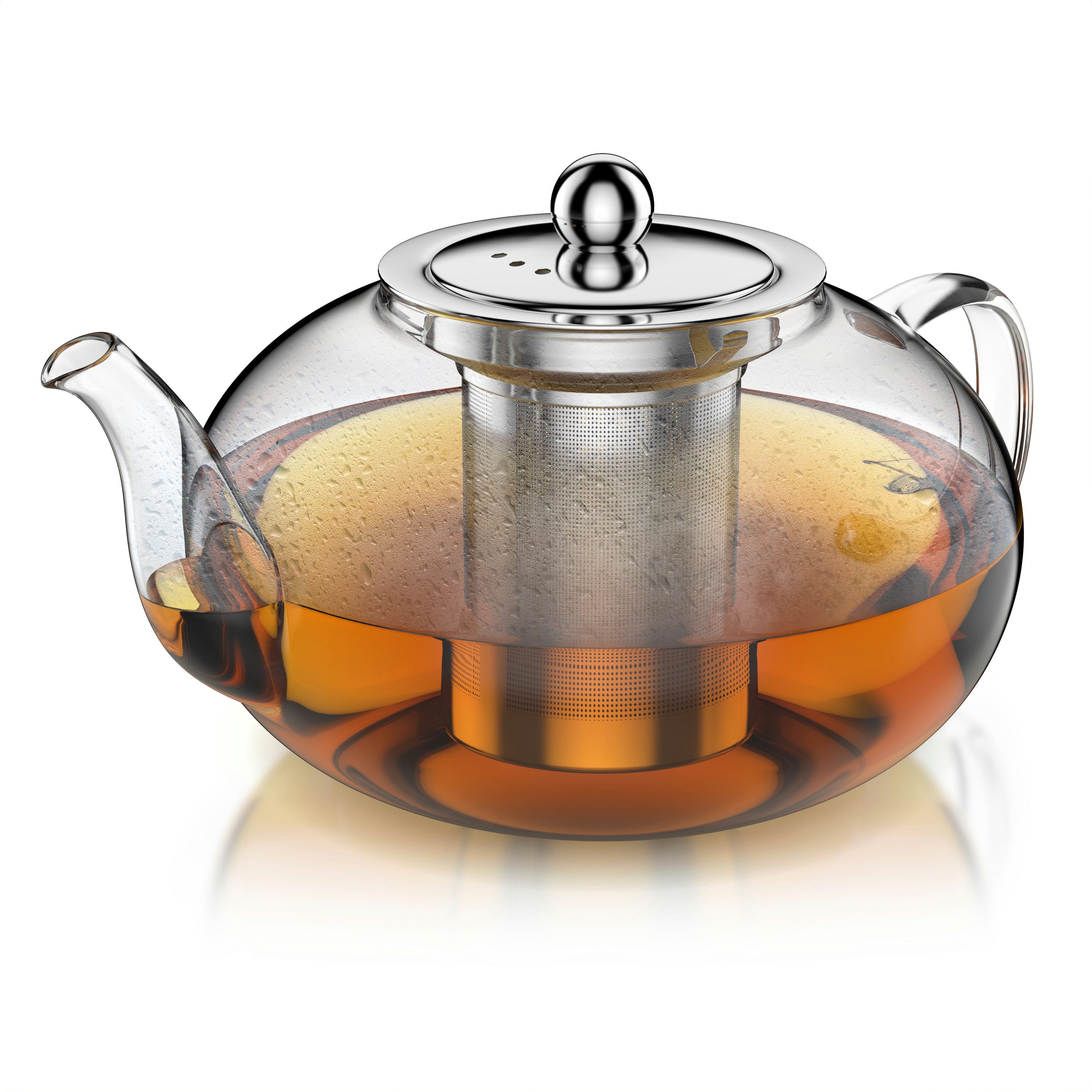 Arendo Teekanne mit Teesieb für losen Tee, Kräuter- & Früchtetee, Glas Teebereiter, 1,2 l, (Set, Glaskanne, Teefilter), Hitzebeständig, feinmaschiges Edelstahlsieb, spülmaschinengeeignet