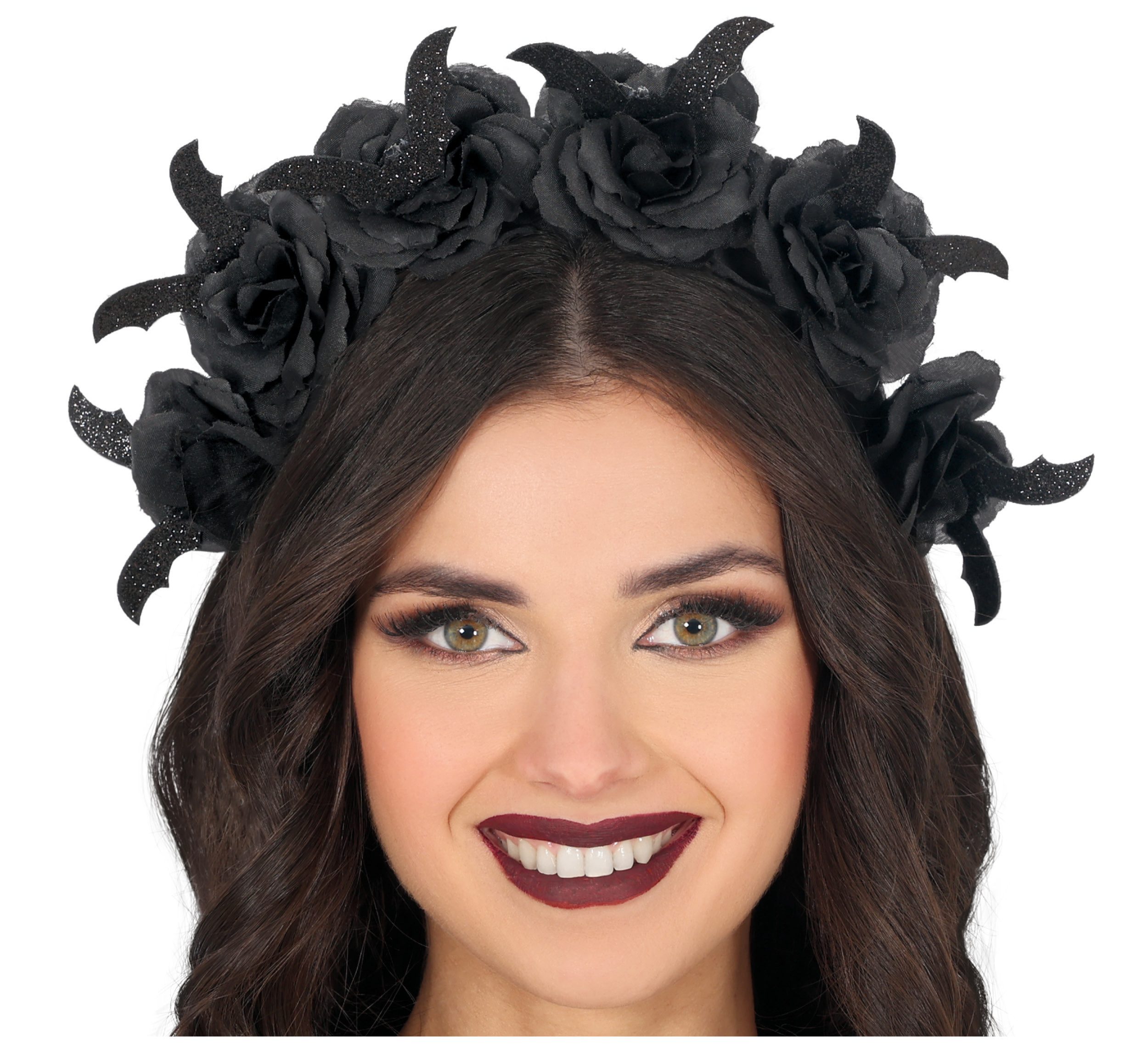Fiestas Guirca Kostüm, Halloween Haarreif Gothic Schwarze Blumen Fledermäuse Spuknacht Gruse